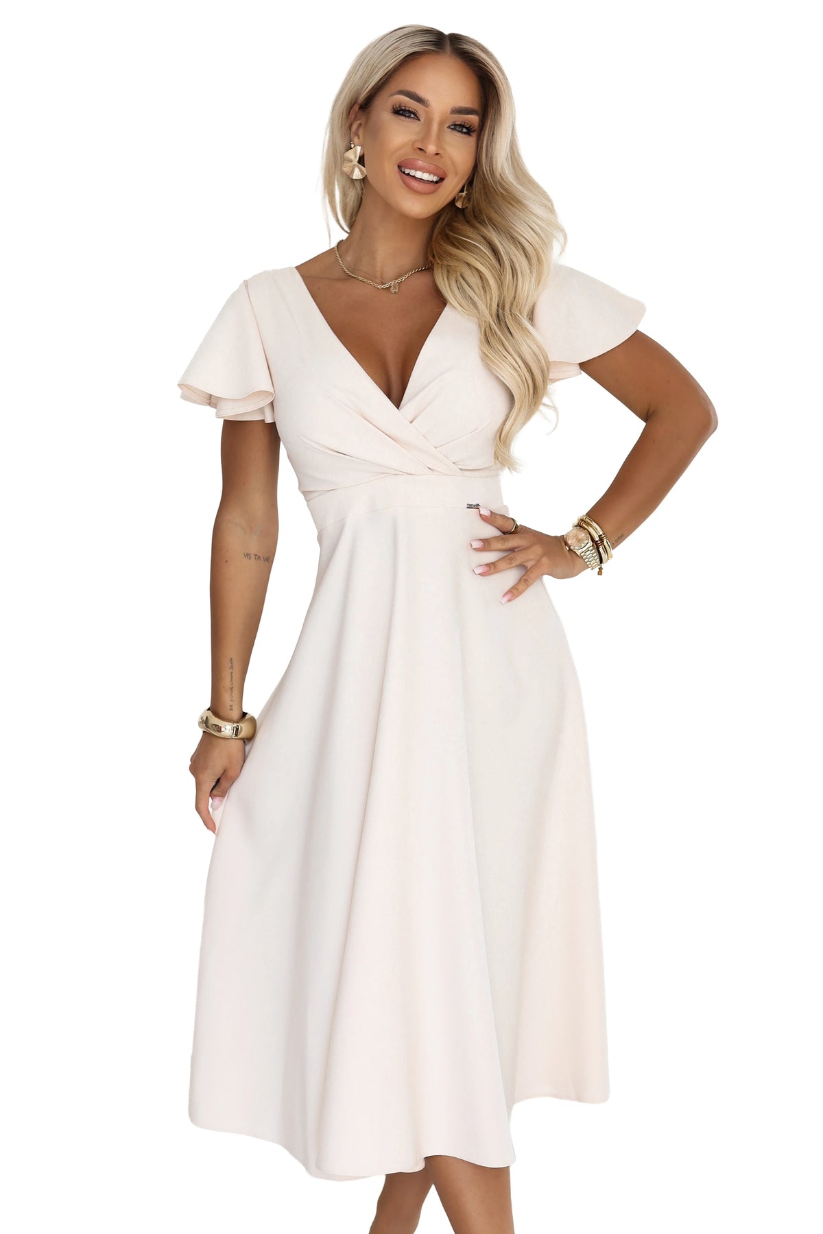 Flared midi dress with a wrap neckline and short sleeve – Beige