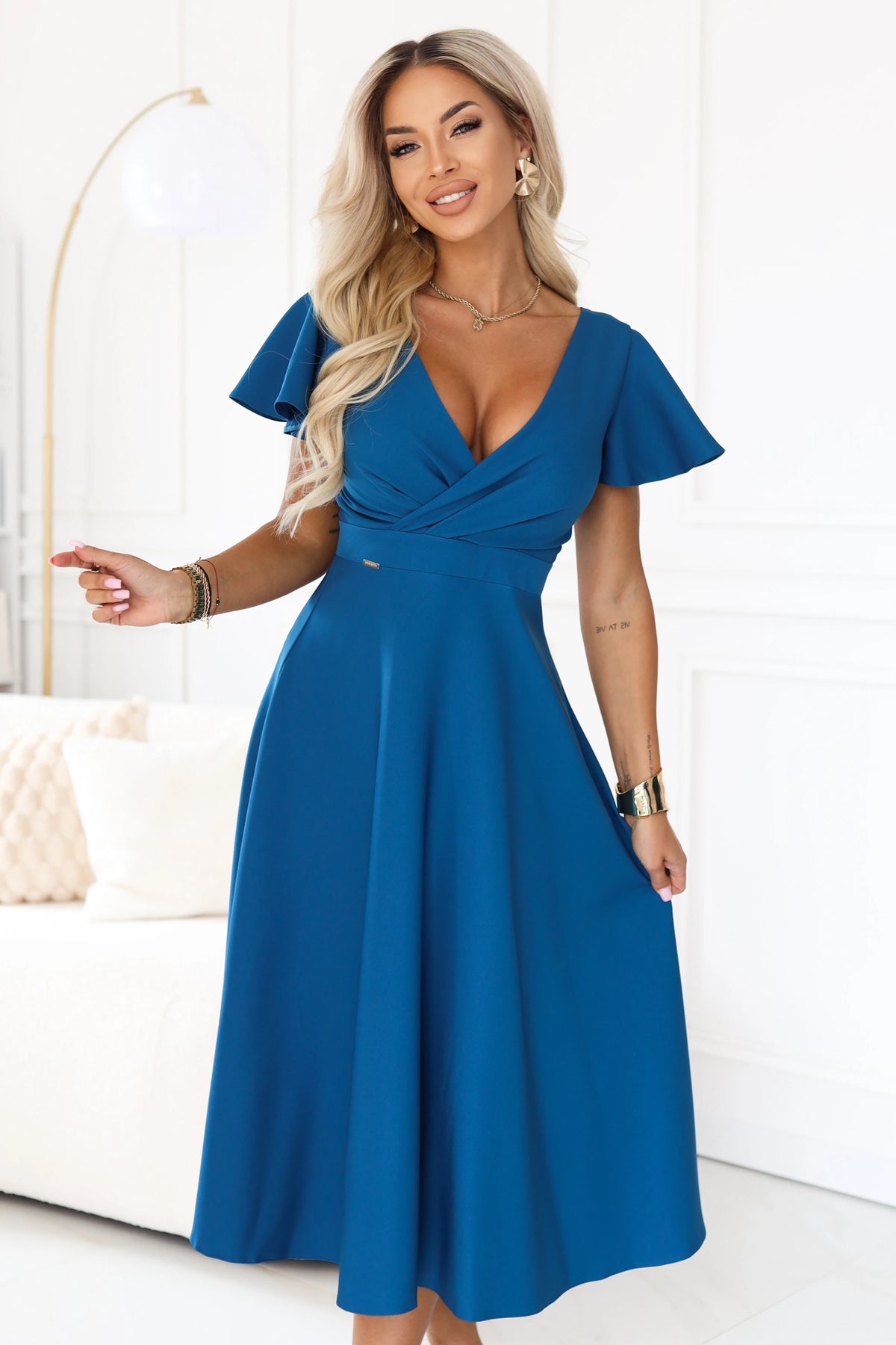 Flared midi dress with a wrap neckline and short sleeve – Sea Green