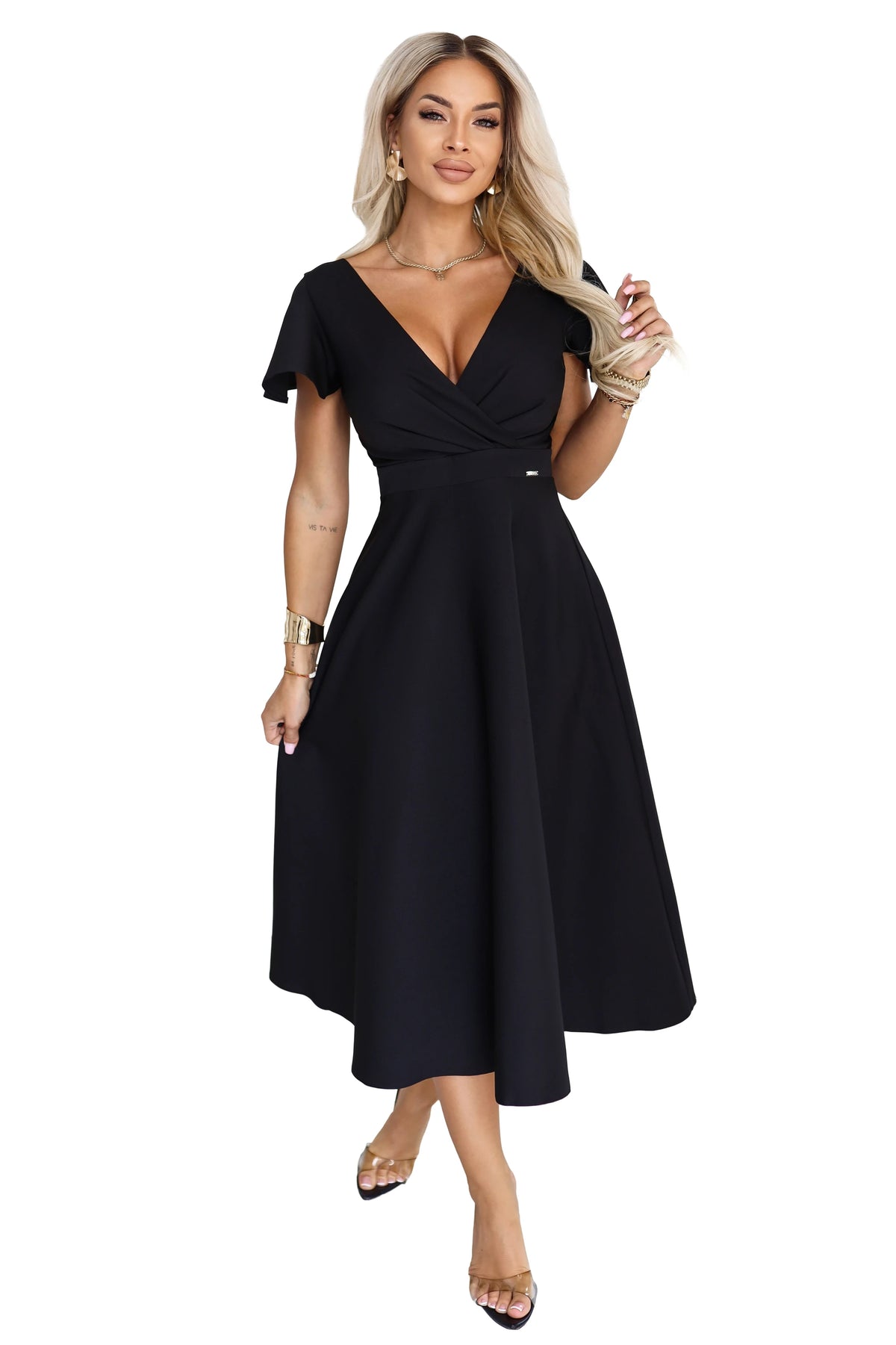 Flared midi dress with a wrap neckline and short sleeve – Black