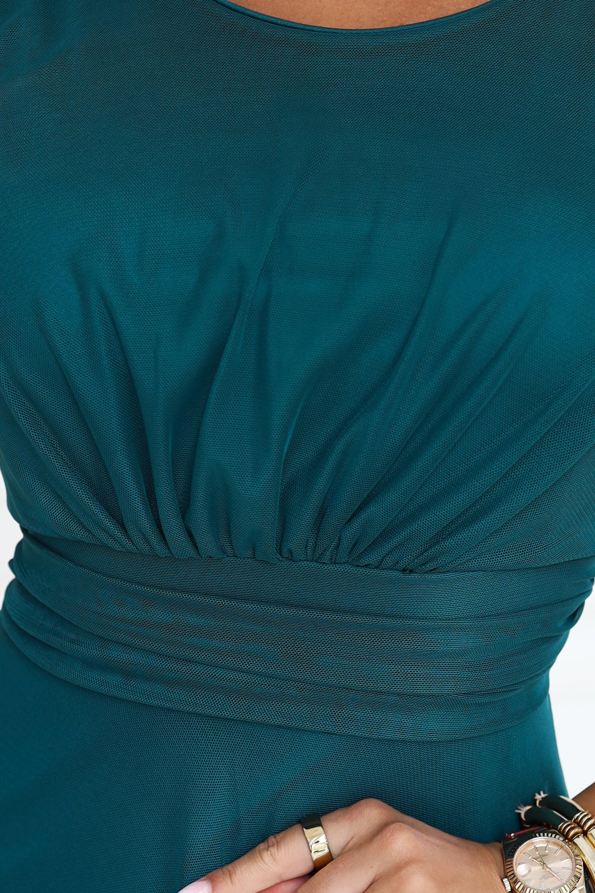 ELIRA Long tulle maxi dress with round neckline – Bottle Green