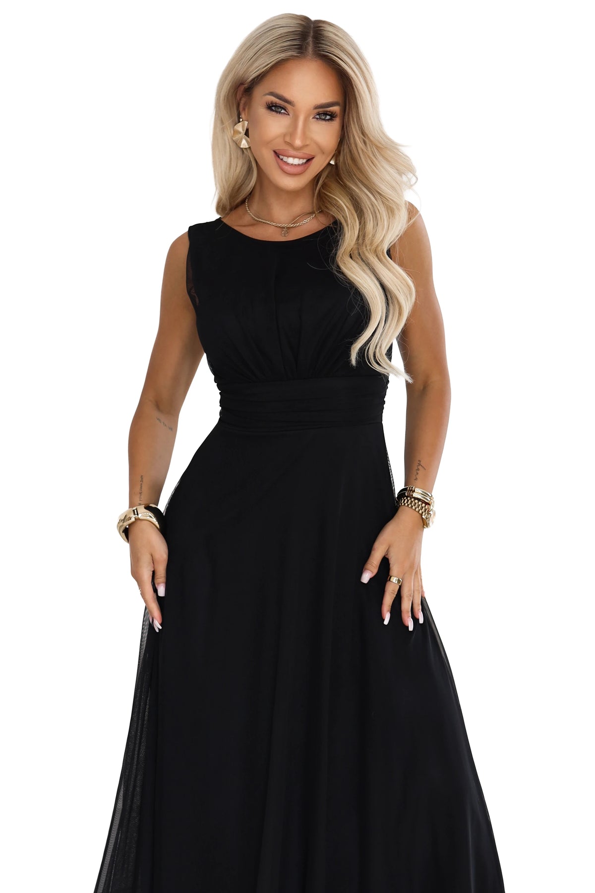 ELIRA Long tulle maxi dress with round neckline – Black