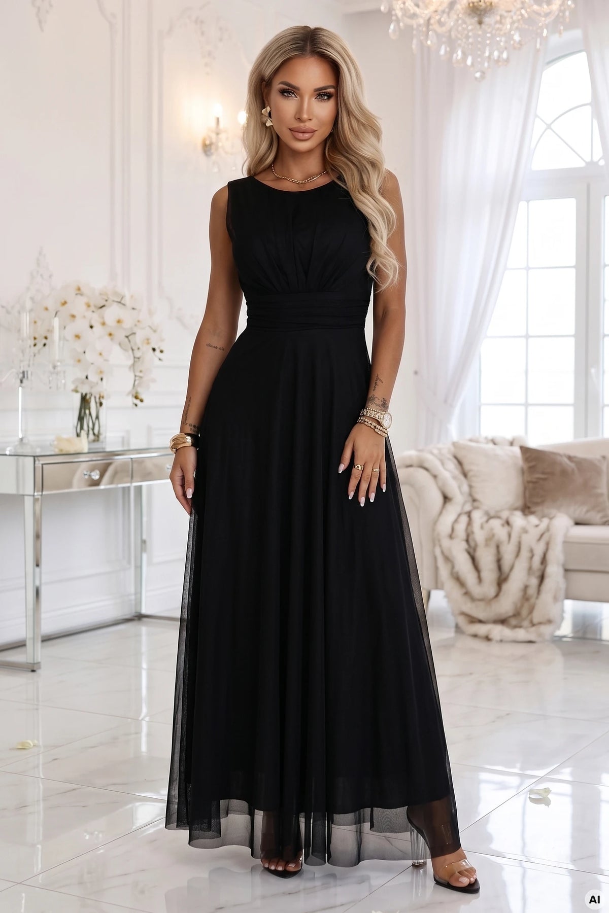 ELIRA Long tulle maxi dress with round neckline – Black