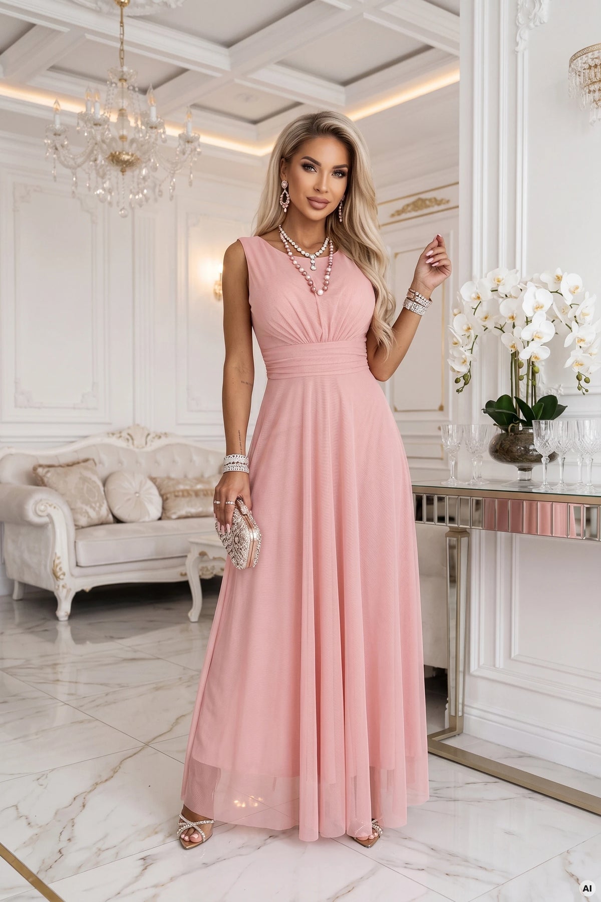 ELIRA Long tulle maxi dress with a round neckline – Powder Pink