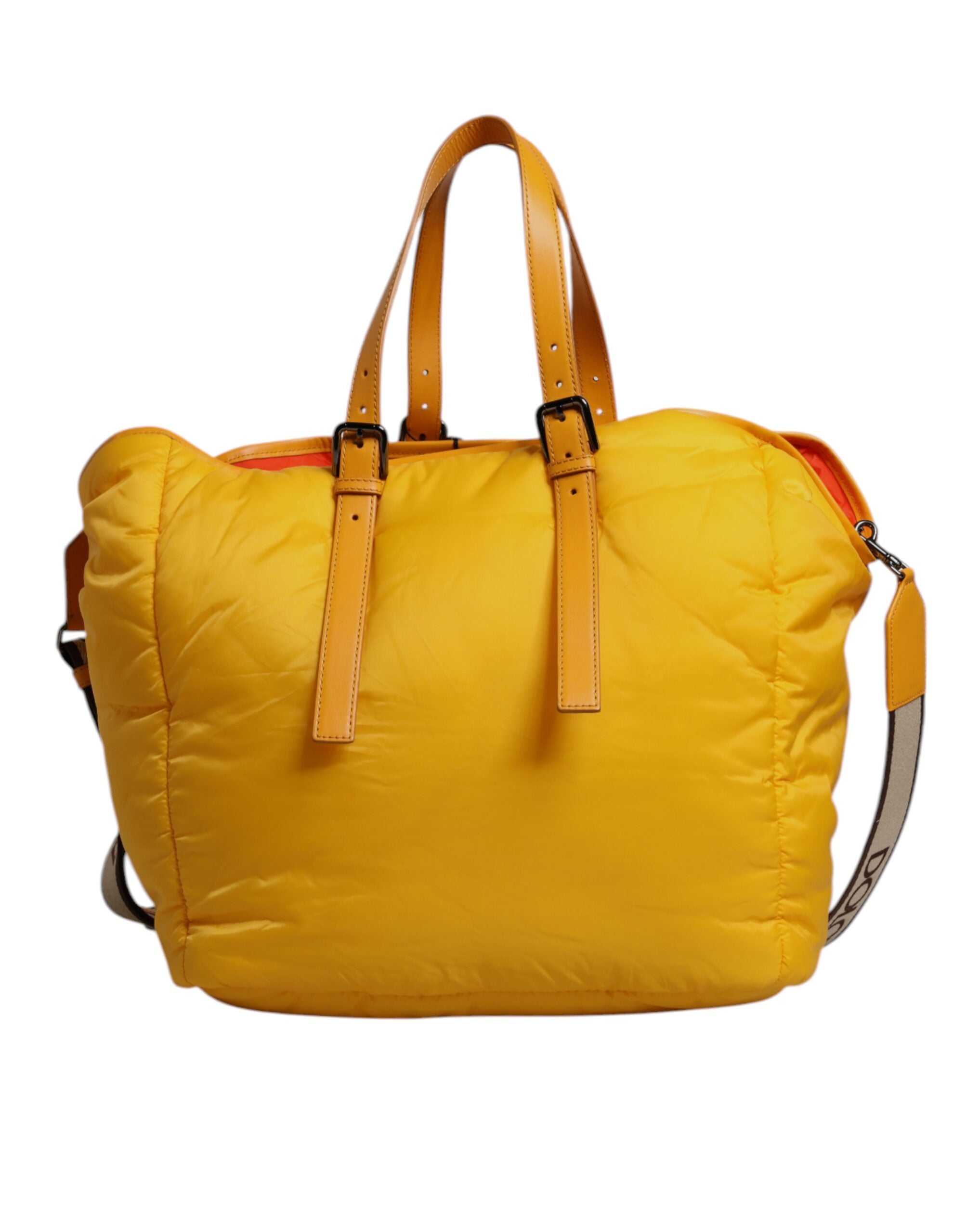 Yellow Orange Nylon Logo Plaque Hand Shoulder Duffle Bag
