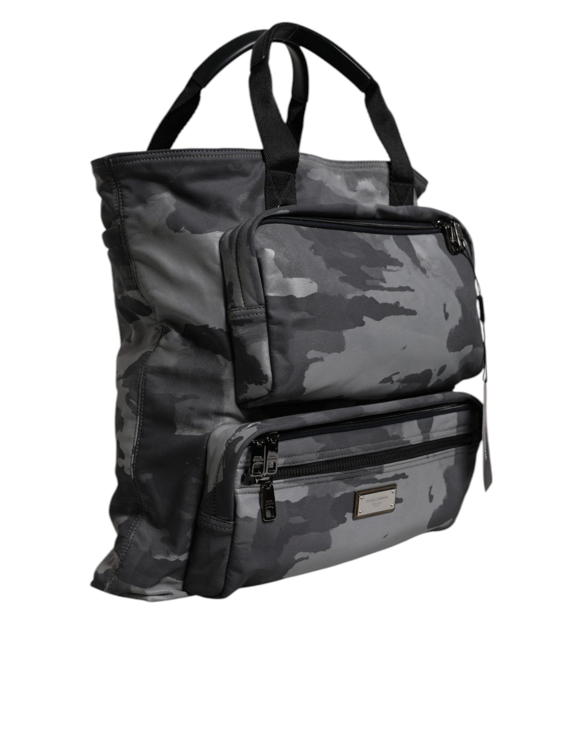 Gray Camo Cotton Multiple Compartments Tote Bag