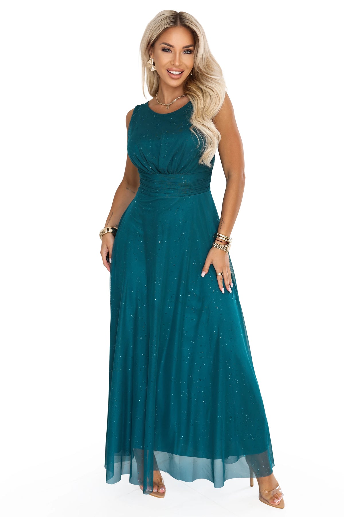 AVELINE Long maxi dress with glitter tulle and a round neckline – Sea Green
