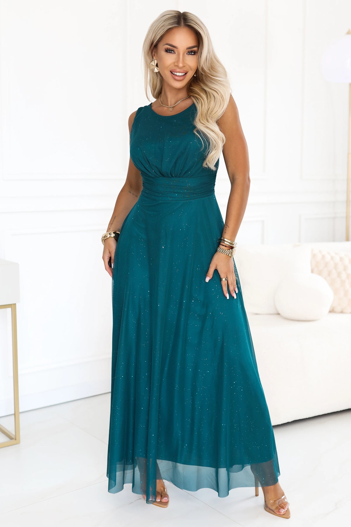 AVELINE Long maxi dress with glitter tulle and a round neckline – Sea Green