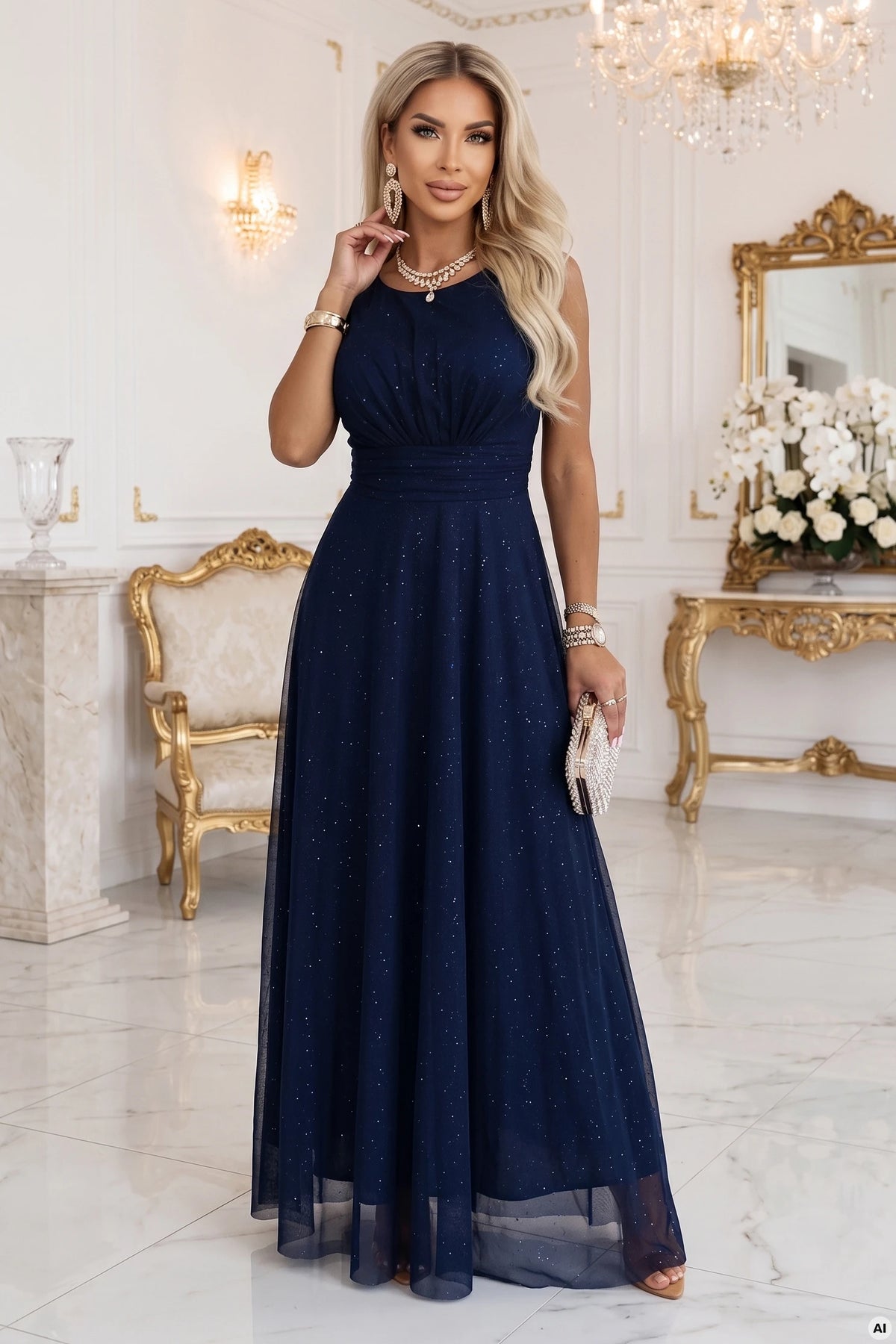AVELINE Long maxi dress with glitter tulle and a round neckline – Navy Blue
