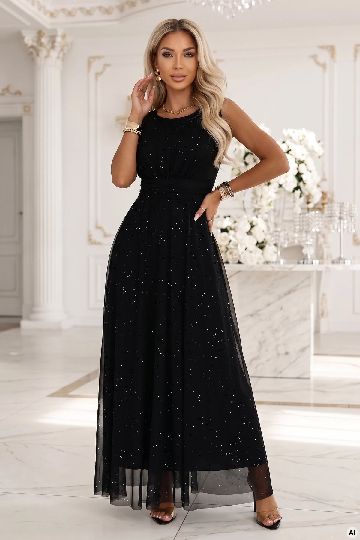 AVELINE Long maxi dress with glitter tulle and round neckline – Black