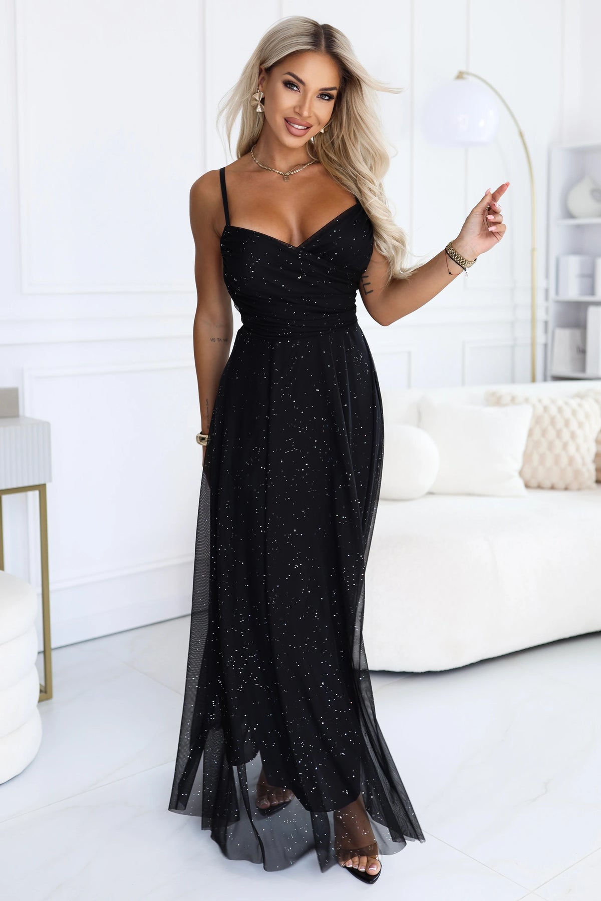 Glitter maxi dress on straps with a wrap neckline – Black