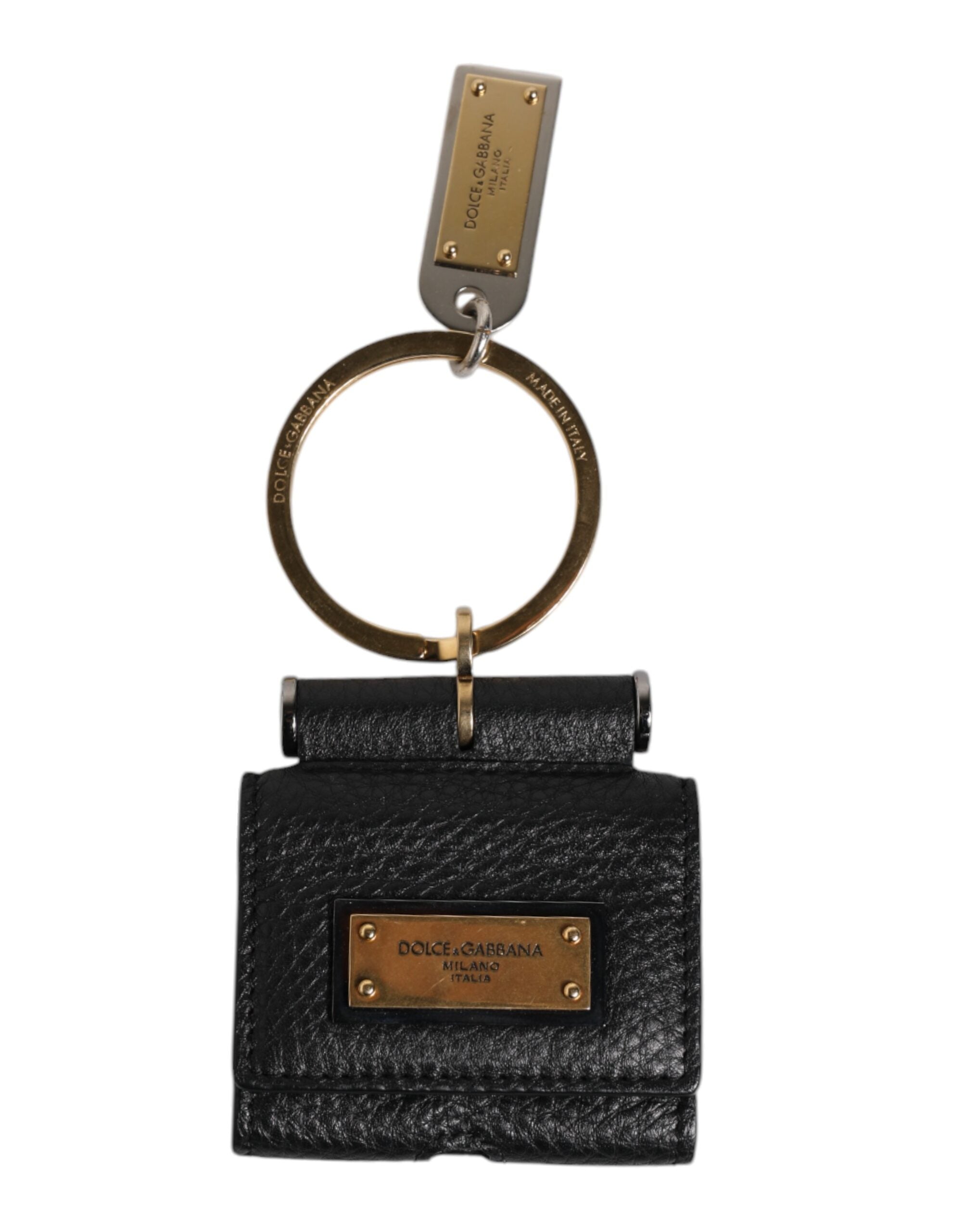 Černý kožený řemínek s kovovým logem a zlatým pouzdrem na Airpods