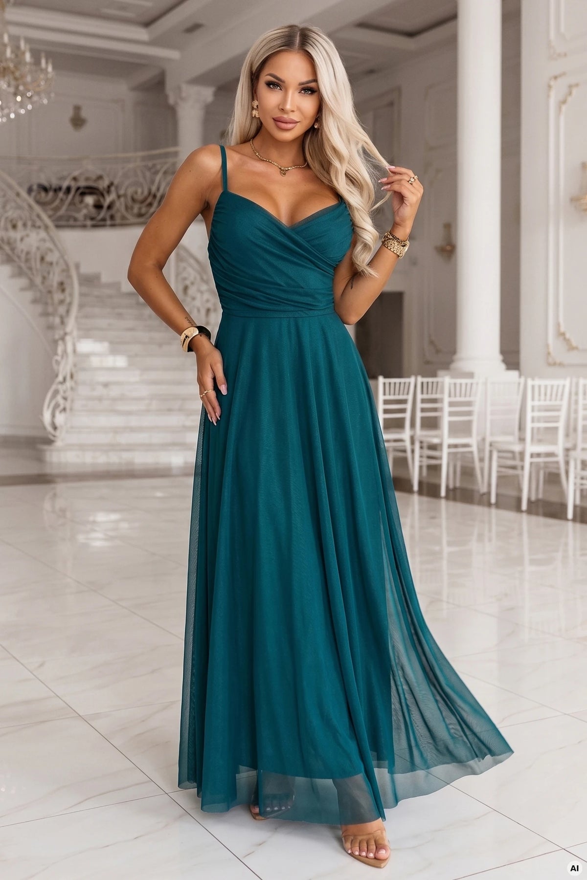 NILA Tulle maxi dress on straps with a wrap neckline – Green