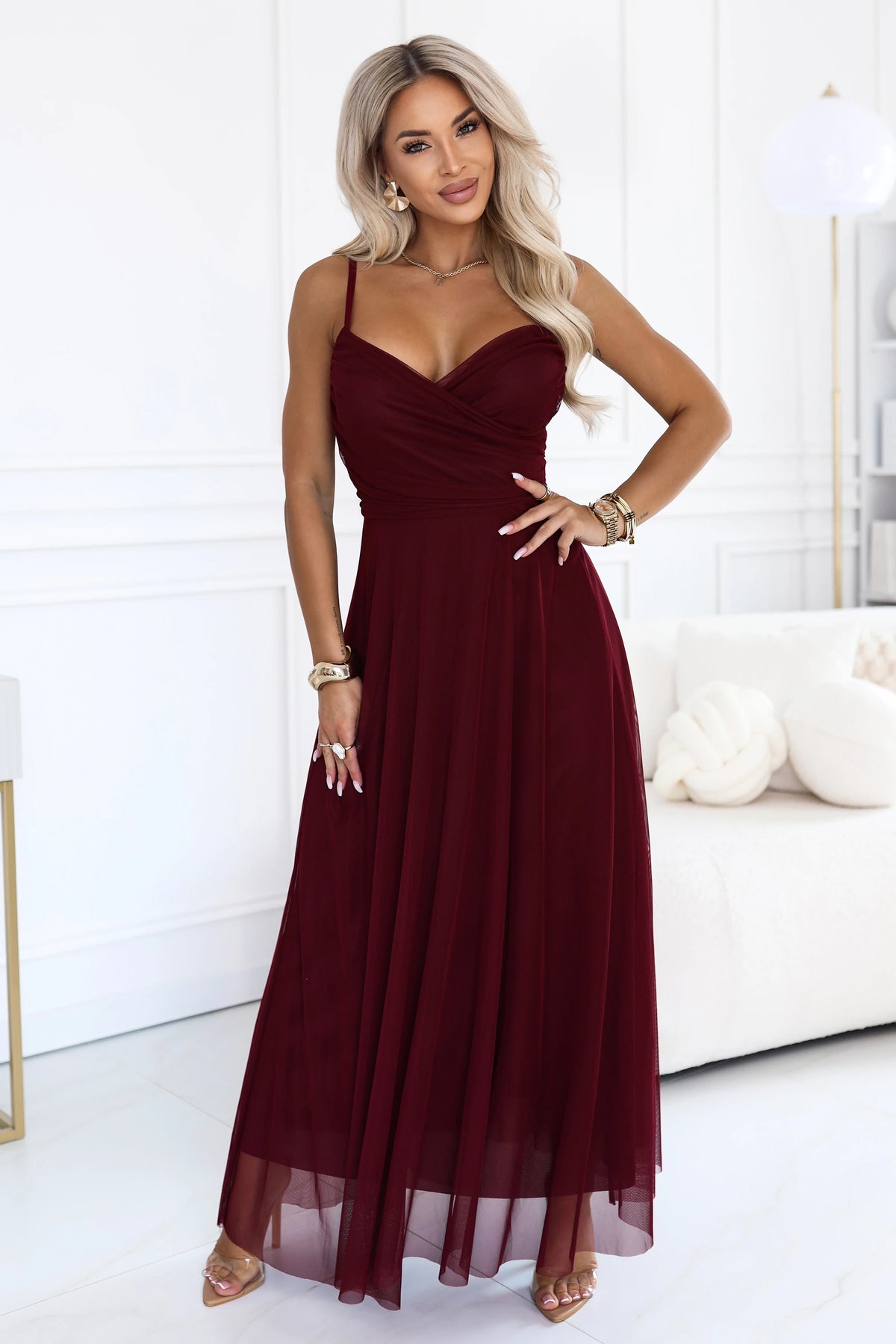 NILA Tulle maxi dress on straps with a wrap neckline – Burgundy