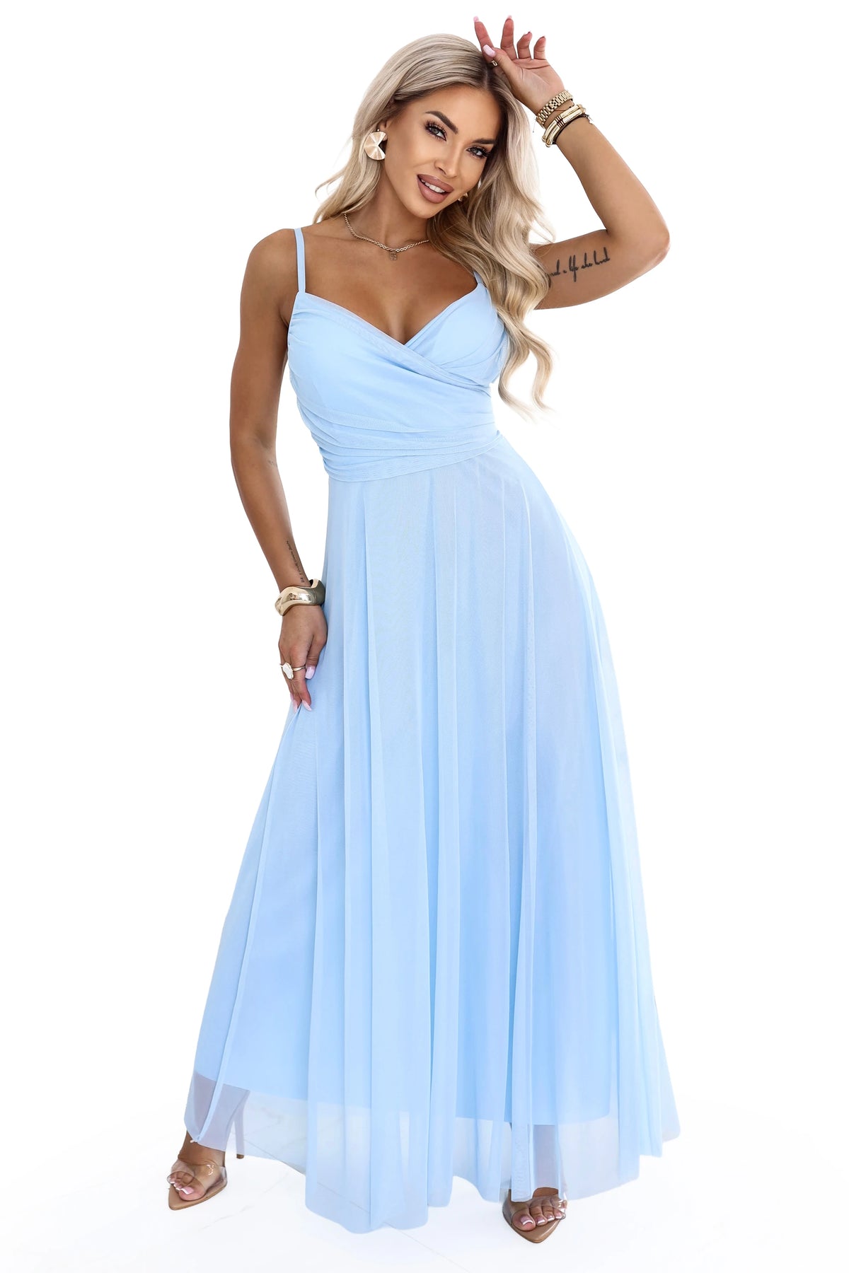 NILA Tulle maxi dress on straps with a wrap neckline – Sky Blue