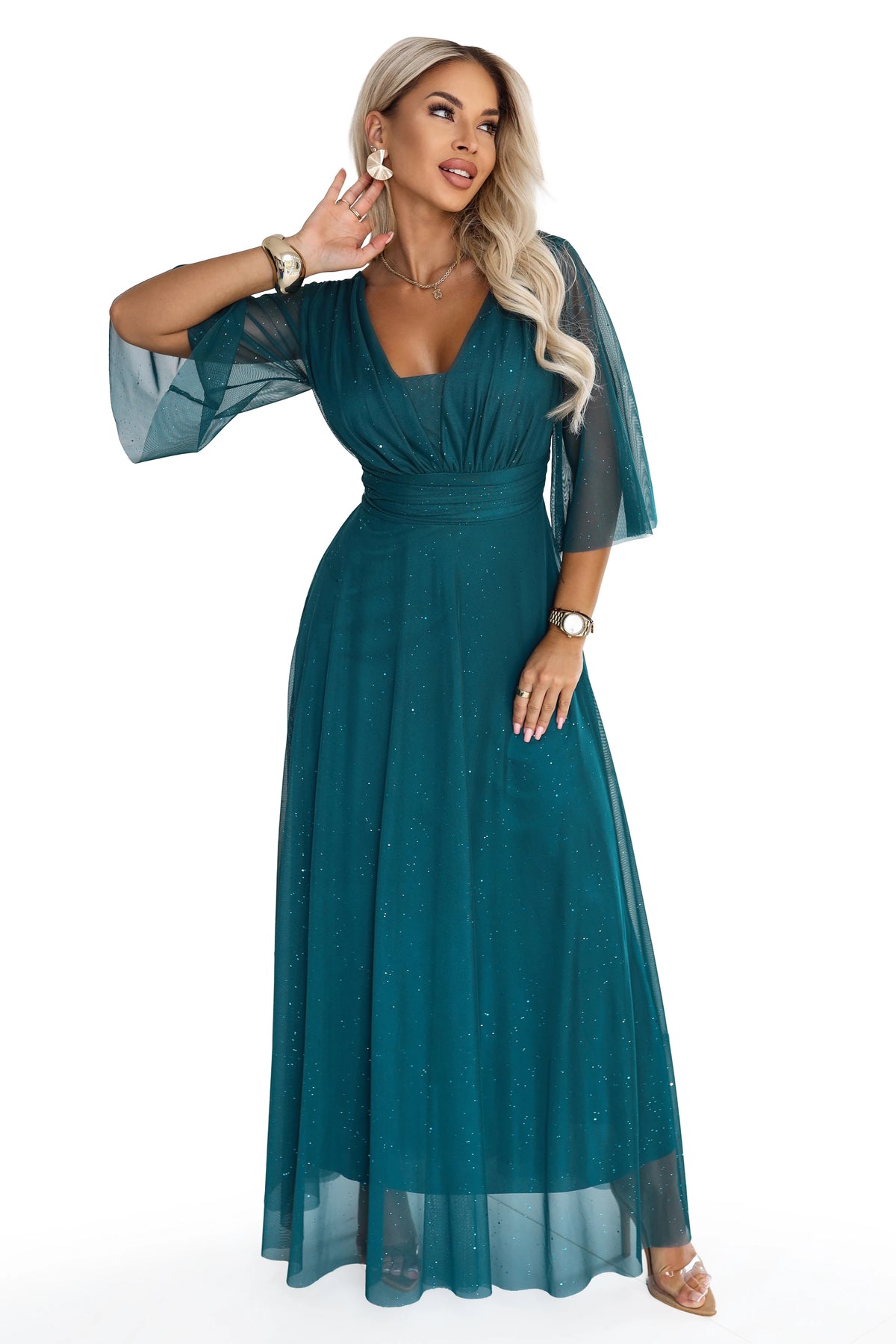 SOLENNE Long shimmering dress with neckline and sleeve – Sea Green