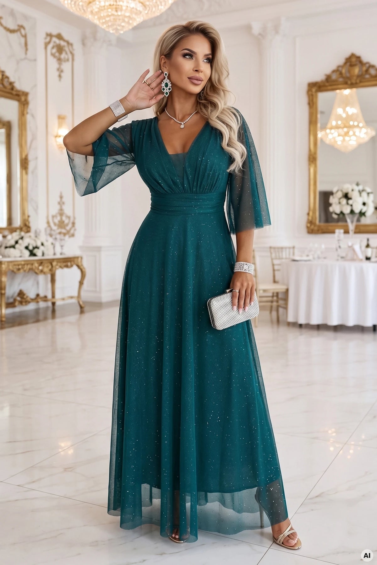 SOLENNE Long shimmering dress with neckline and sleeve – Sea Green
