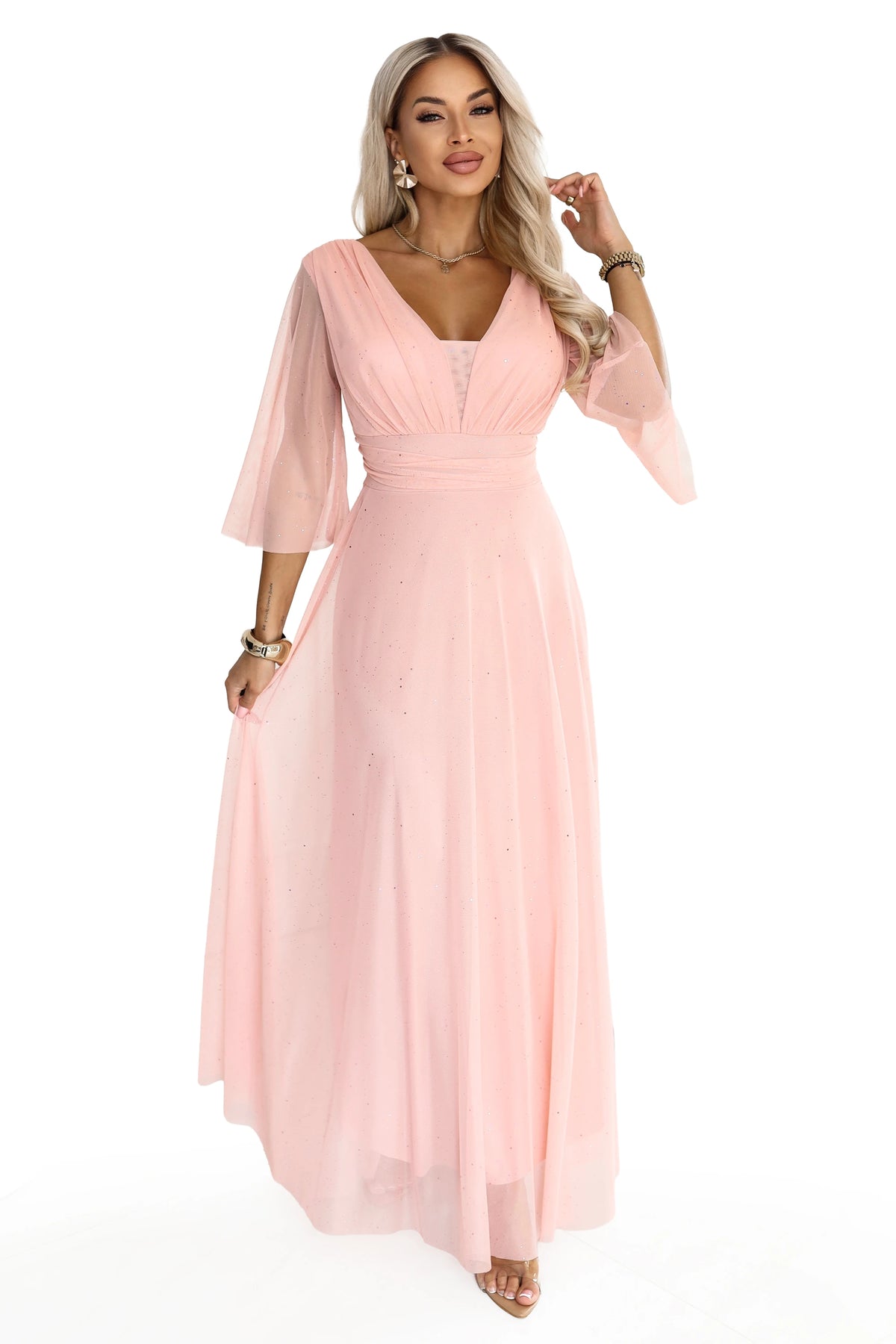 SOLENNE Long shimmering dress with neckline and sleeve – Peach
