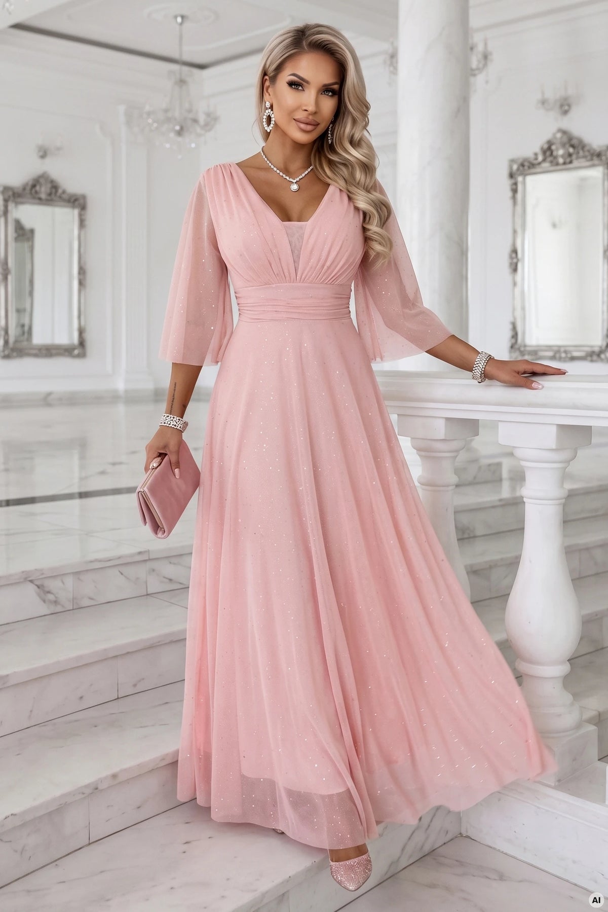 SOLENNE Long shimmering dress with neckline and sleeve – Peach