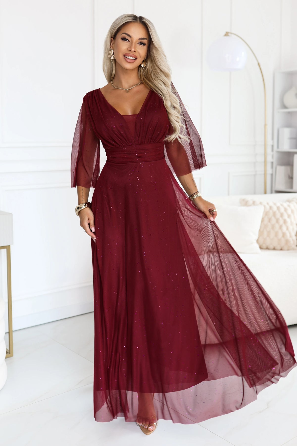 SOLENNE Long shimmering dress with neckline and sleeve – Dark Burgundy