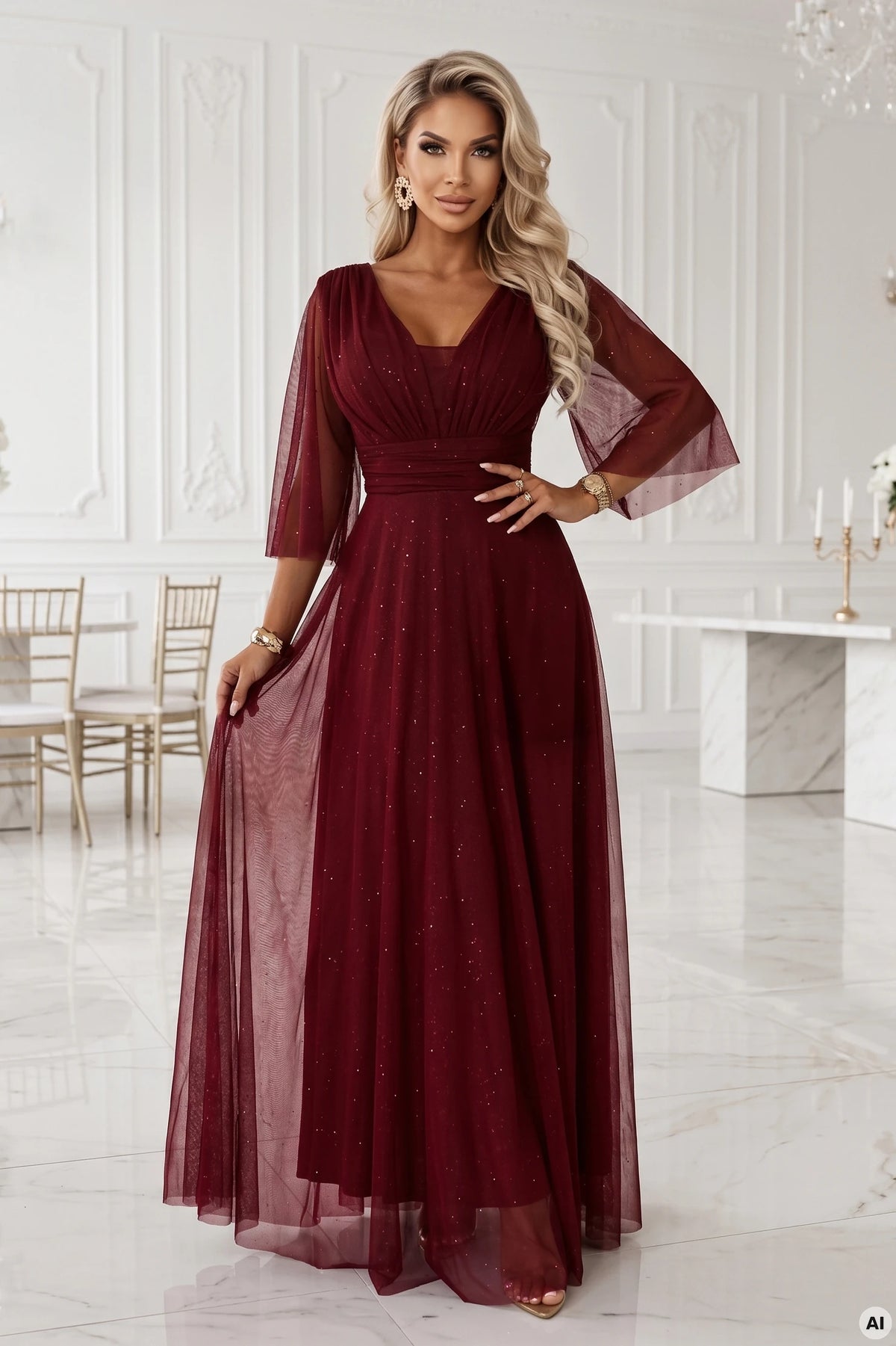 SOLENNE Long shimmering dress with neckline and sleeve – Dark Burgundy
