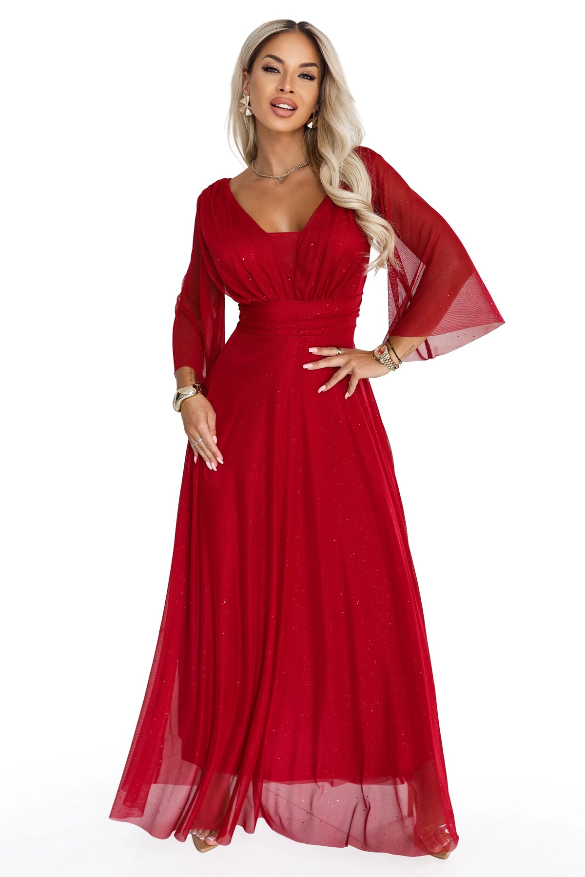SOLENNE Long shimmering dress with neckline and sleeve – Light Burgundy