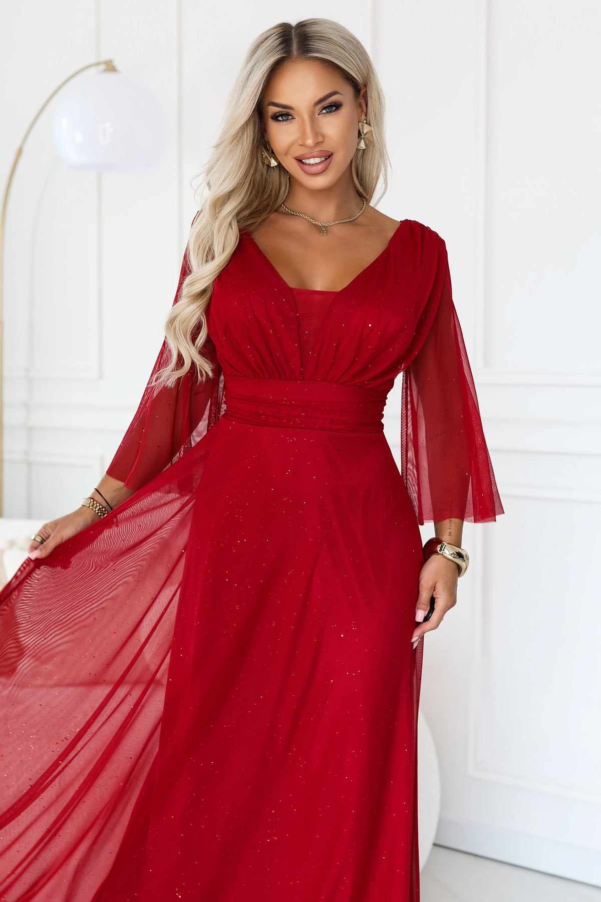 SOLENNE Long shimmering dress with neckline and sleeve – Light Burgundy