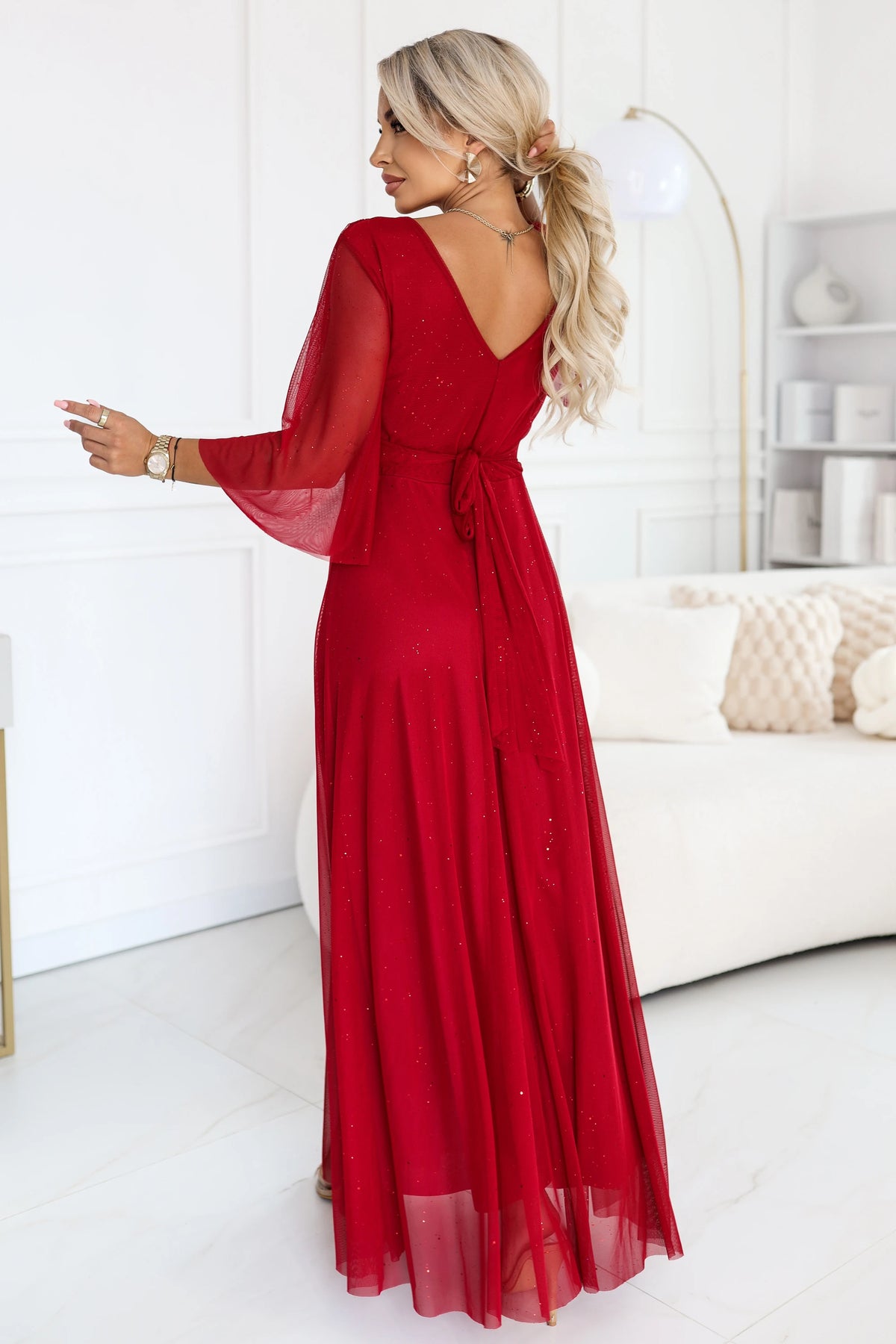 SOLENNE Long shimmering dress with neckline and sleeve – Light Burgundy