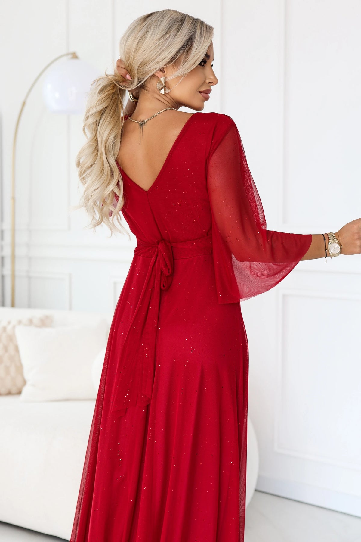 SOLENNE Long shimmering dress with neckline and sleeve – Light Burgundy