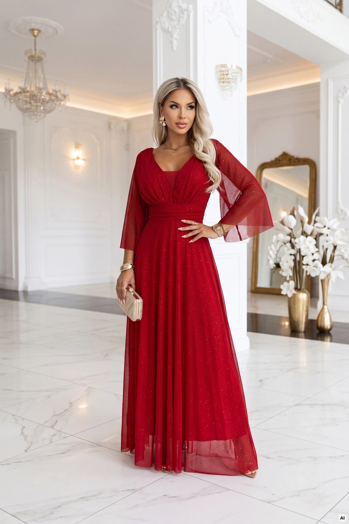 SOLENNE Long shimmering dress with neckline and sleeve – Light Burgundy
