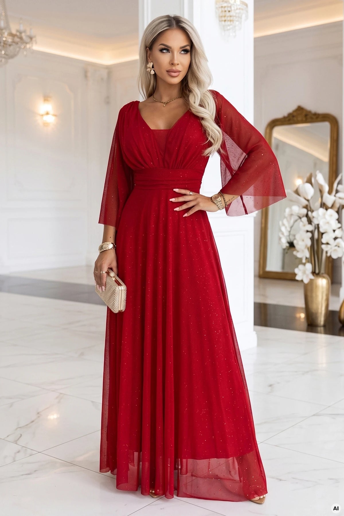 SOLENNE Long shimmering dress with neckline and sleeve – Light Burgundy