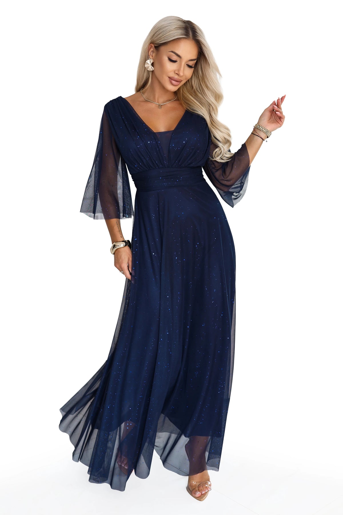 SOLENNE Long shimmering dress with neckline and sleeve – Navy Blue