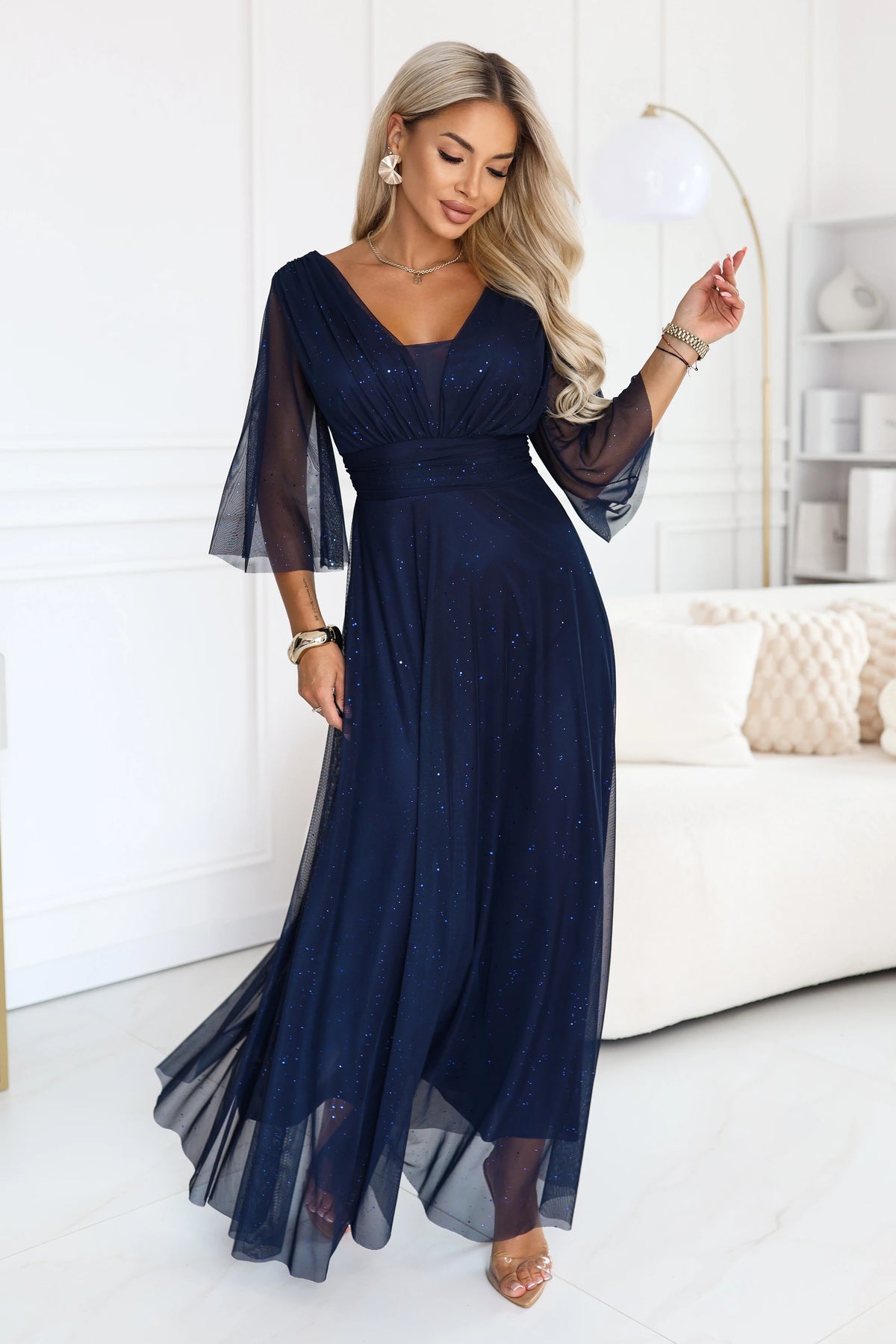 SOLENNE Long shimmering dress with neckline and sleeve – Navy Blue