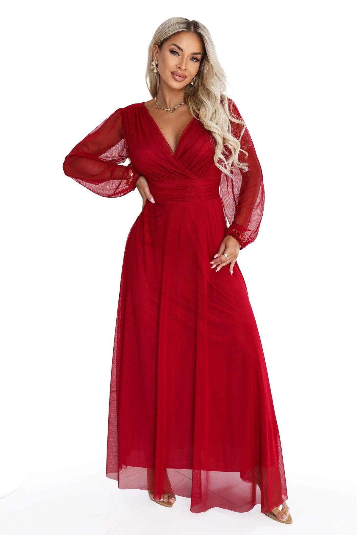 NERISSA Elegant tulle maxi dress with a wrap neckline – Light Burgundy