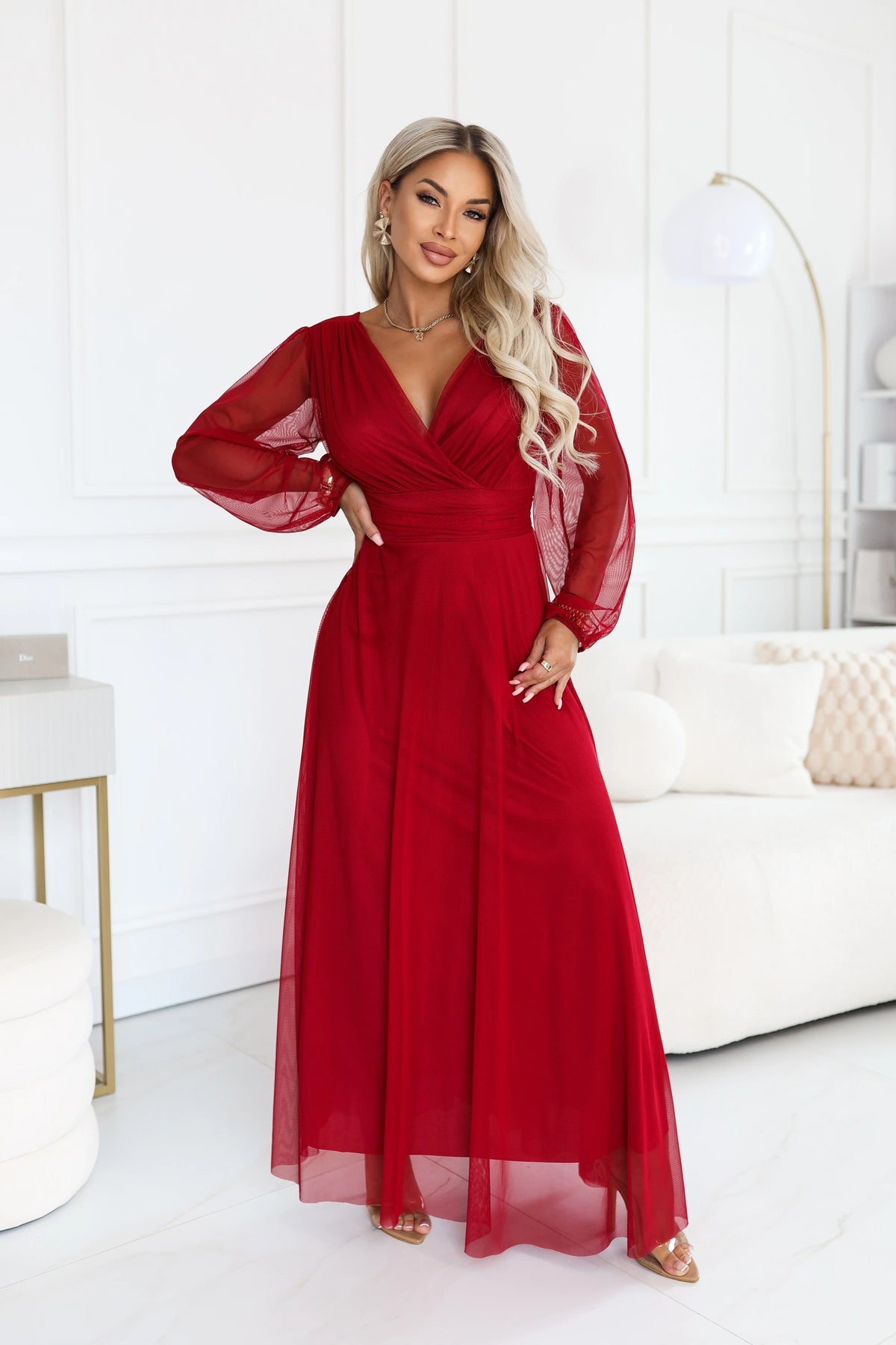 NERISSA Elegant tulle maxi dress with a wrap neckline – Light Burgundy