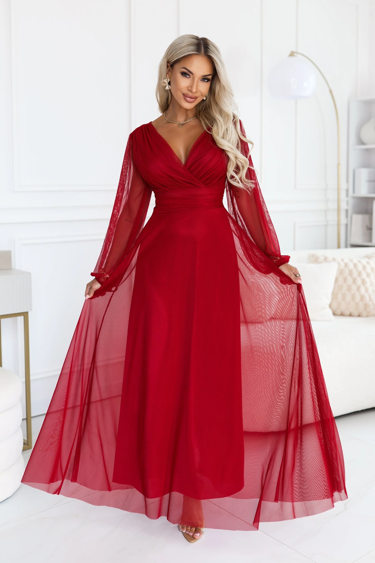 NERISSA Elegant tulle maxi dress with a wrap neckline – Light Burgundy