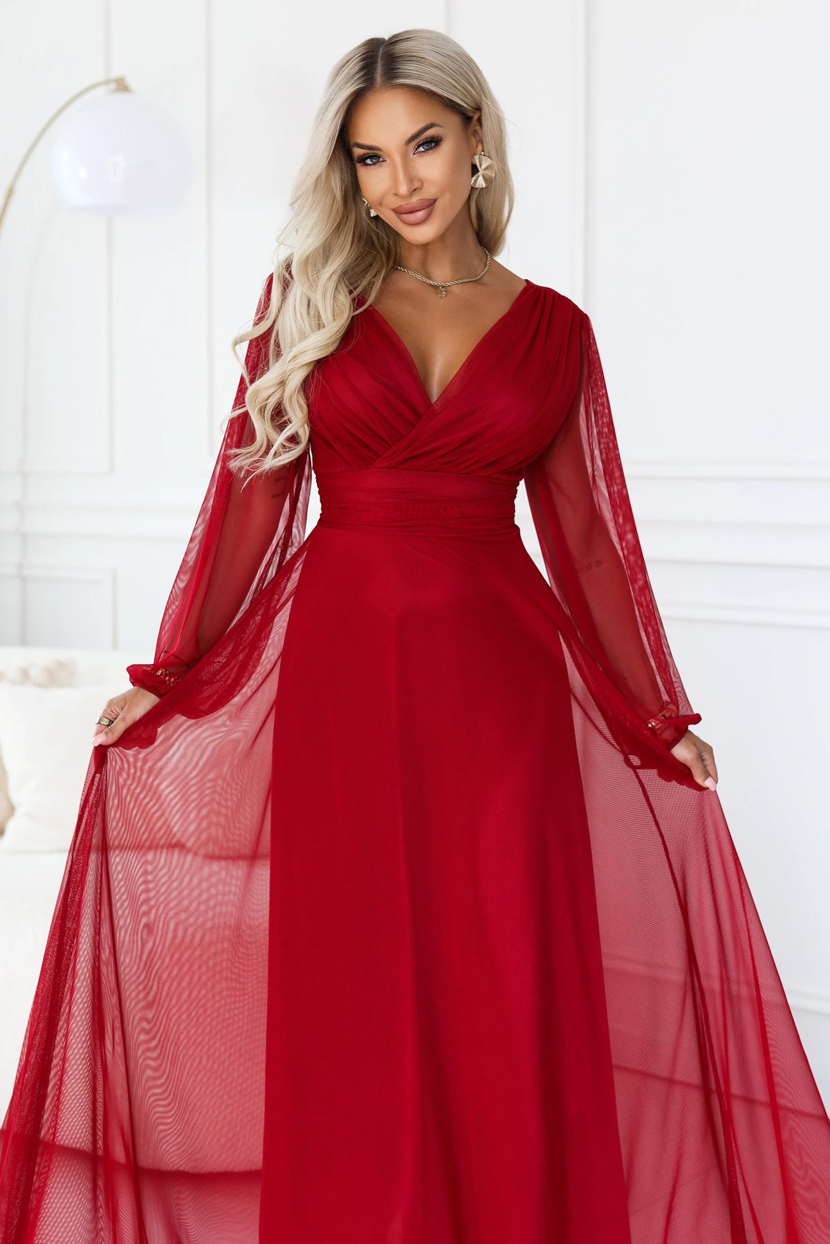 NERISSA Elegant tulle maxi dress with a wrap neckline – Light Burgundy