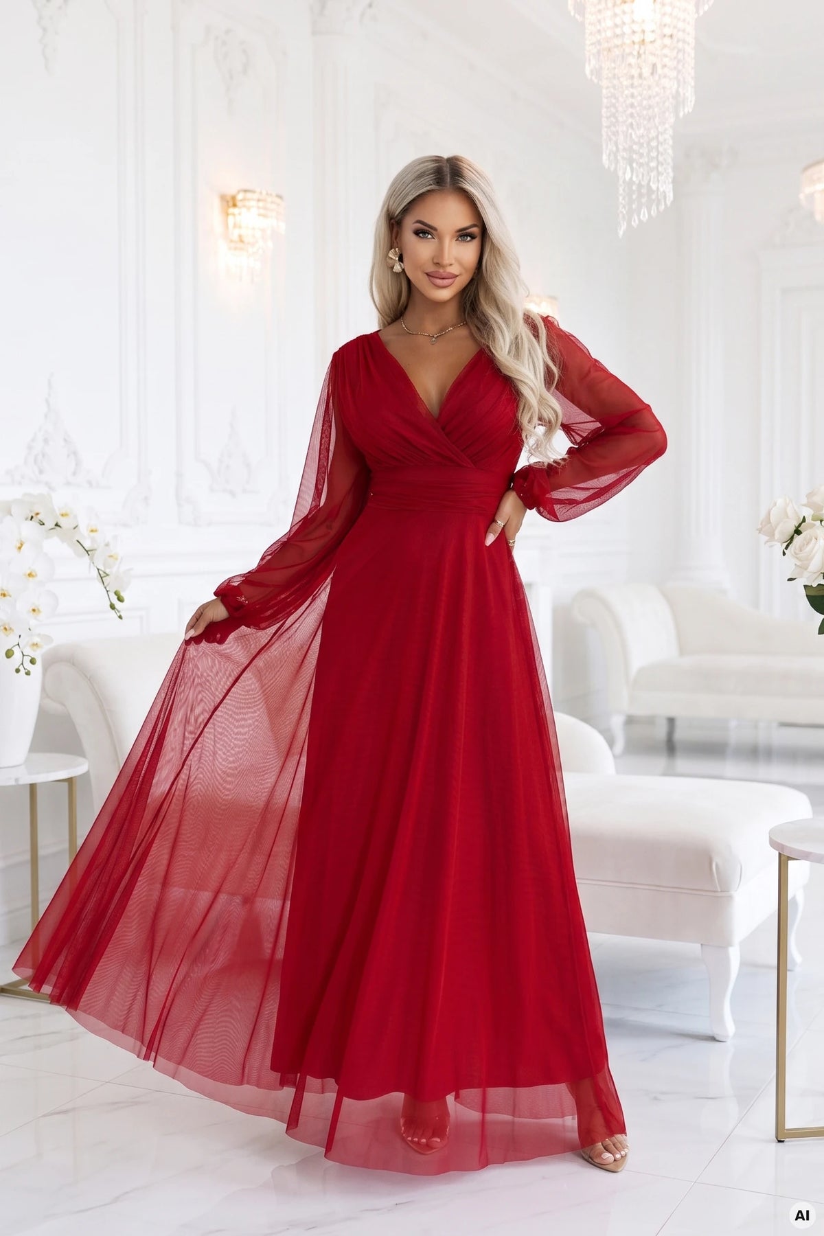 NERISSA Elegant tulle maxi dress with a wrap neckline – Light Burgundy