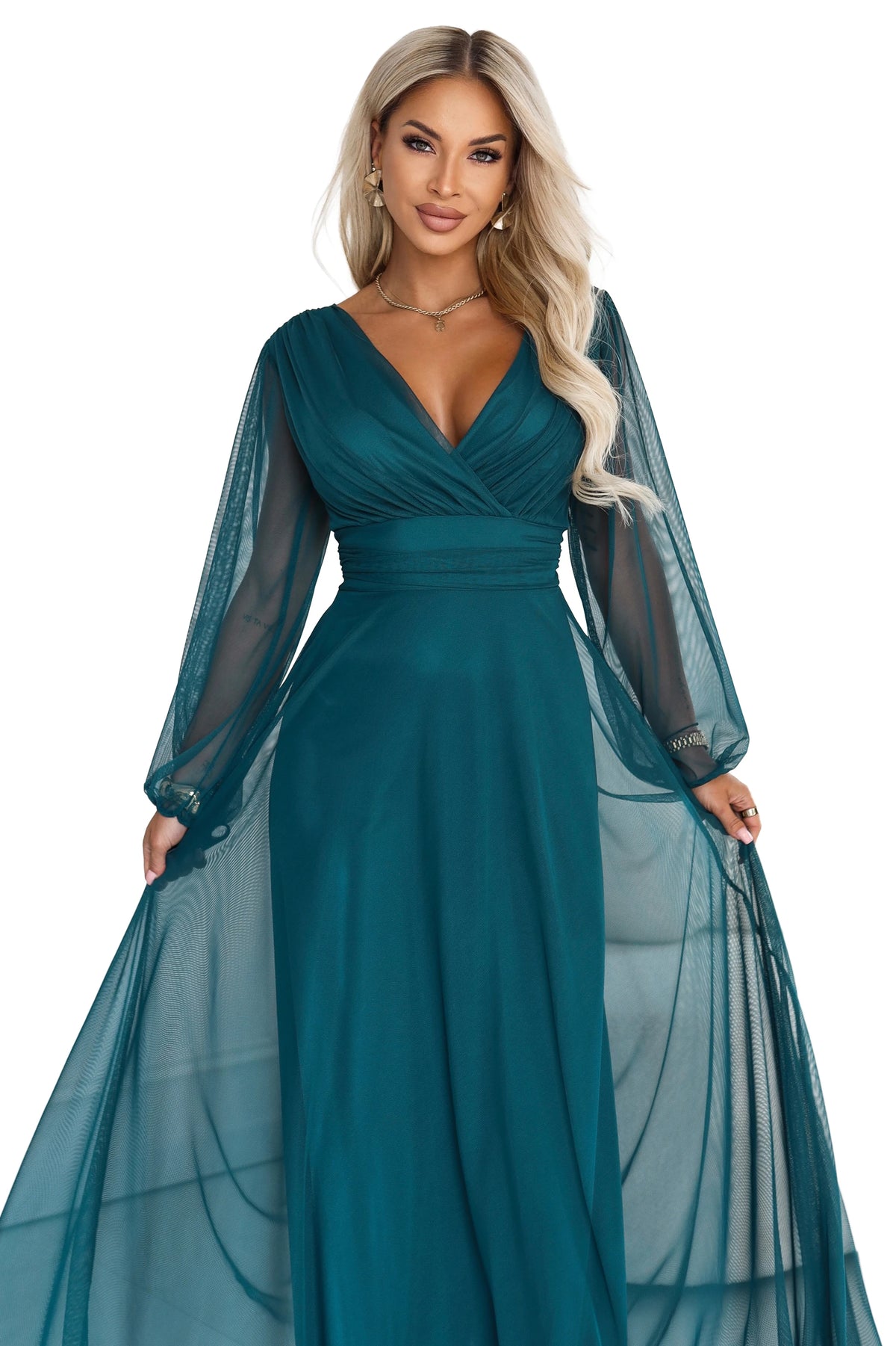 NERISSA Elegant tulle maxi dress with a wrap neckline – Sea Green