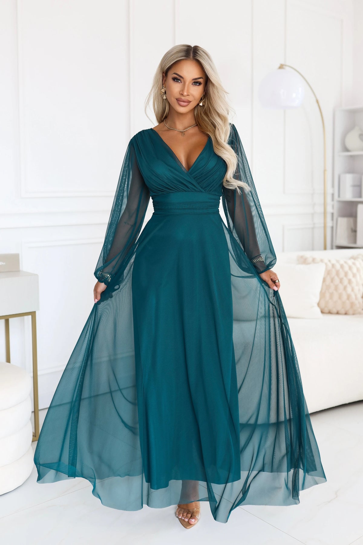 NERISSA Elegant tulle maxi dress with a wrap neckline – Sea Green