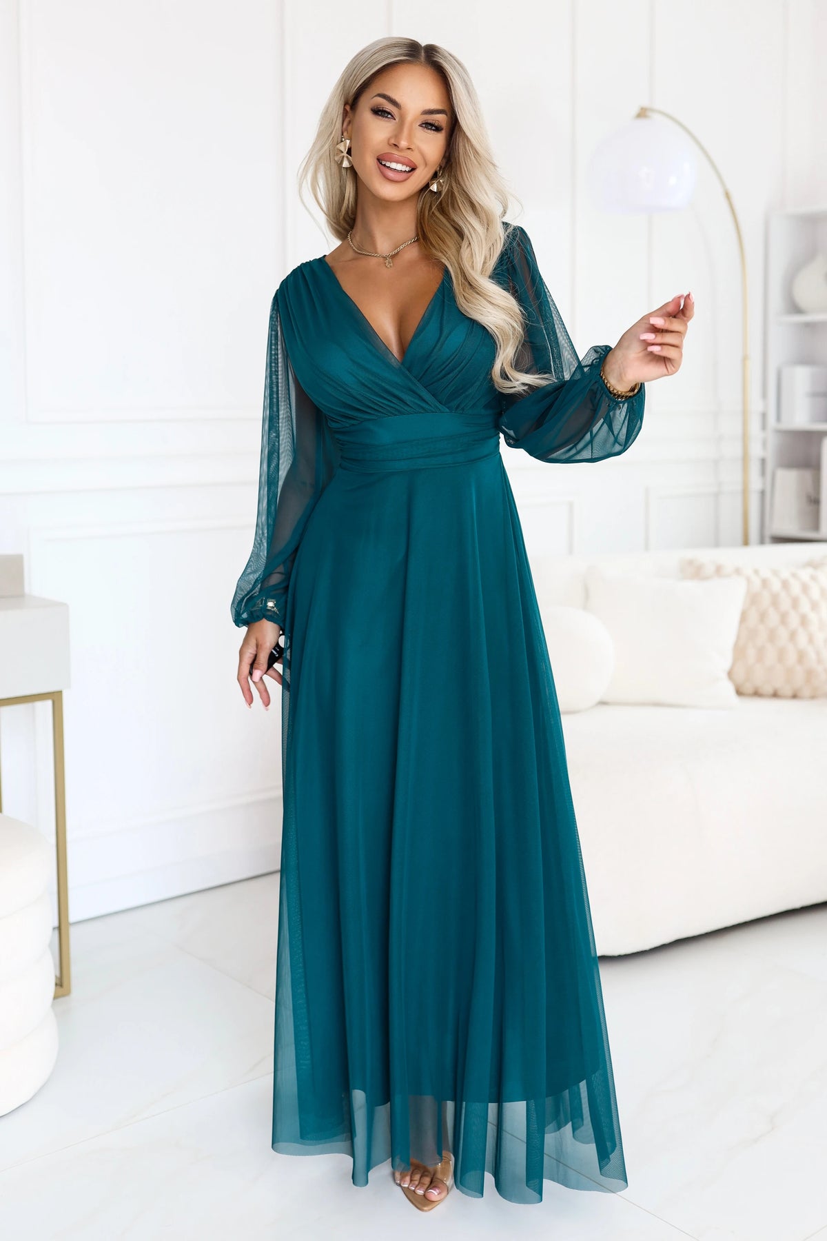 NERISSA Elegant tulle maxi dress with a wrap neckline – Sea Green