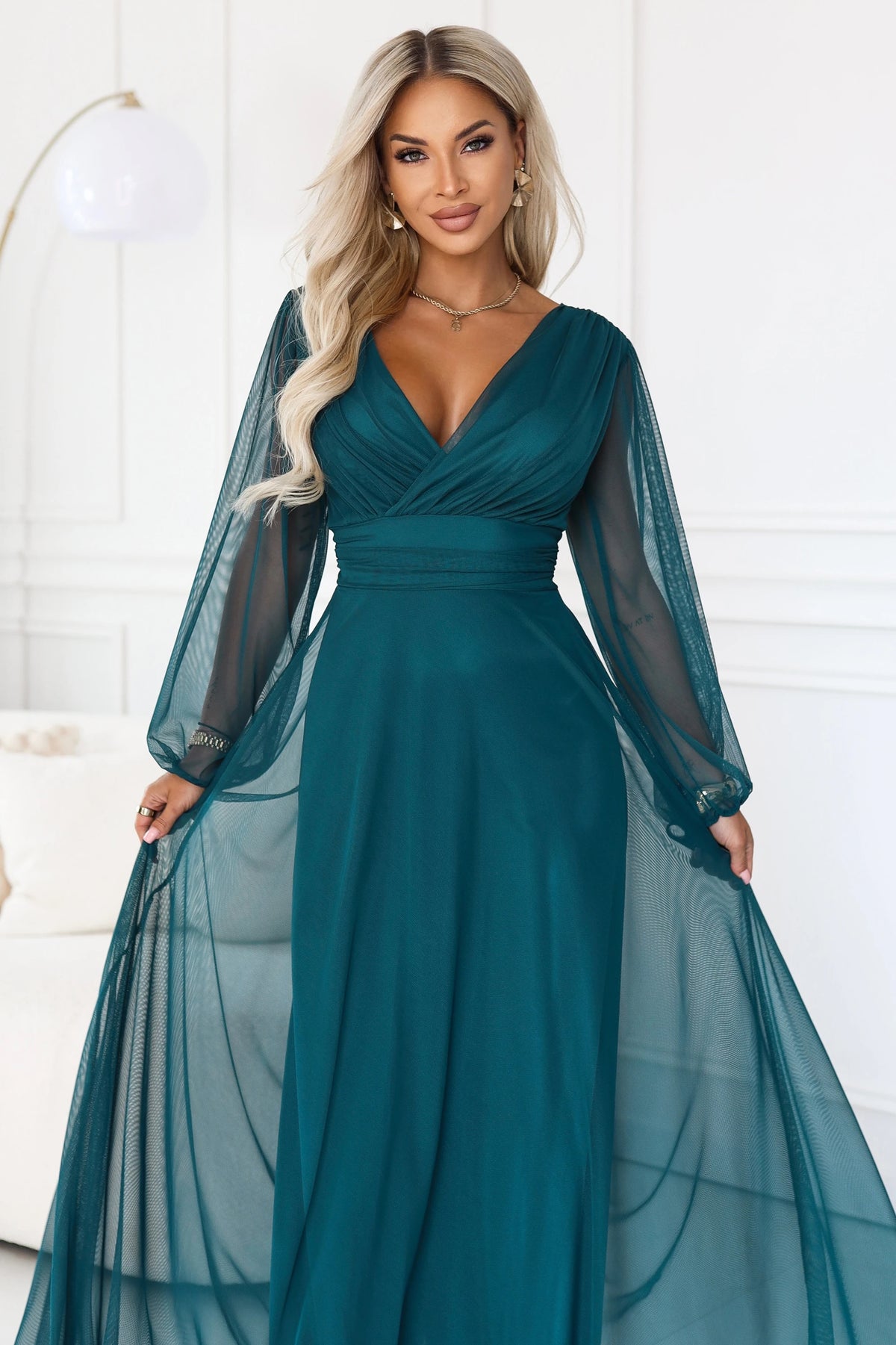 NERISSA Elegant tulle maxi dress with a wrap neckline – Sea Green