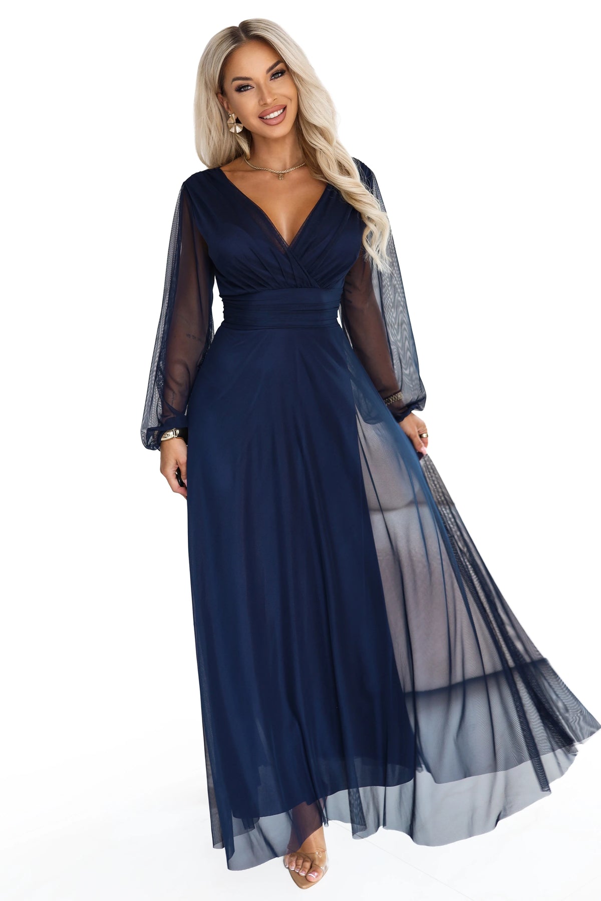 NERISSA Elegant tulle maxi dress with a wrap neckline – Navy Blue