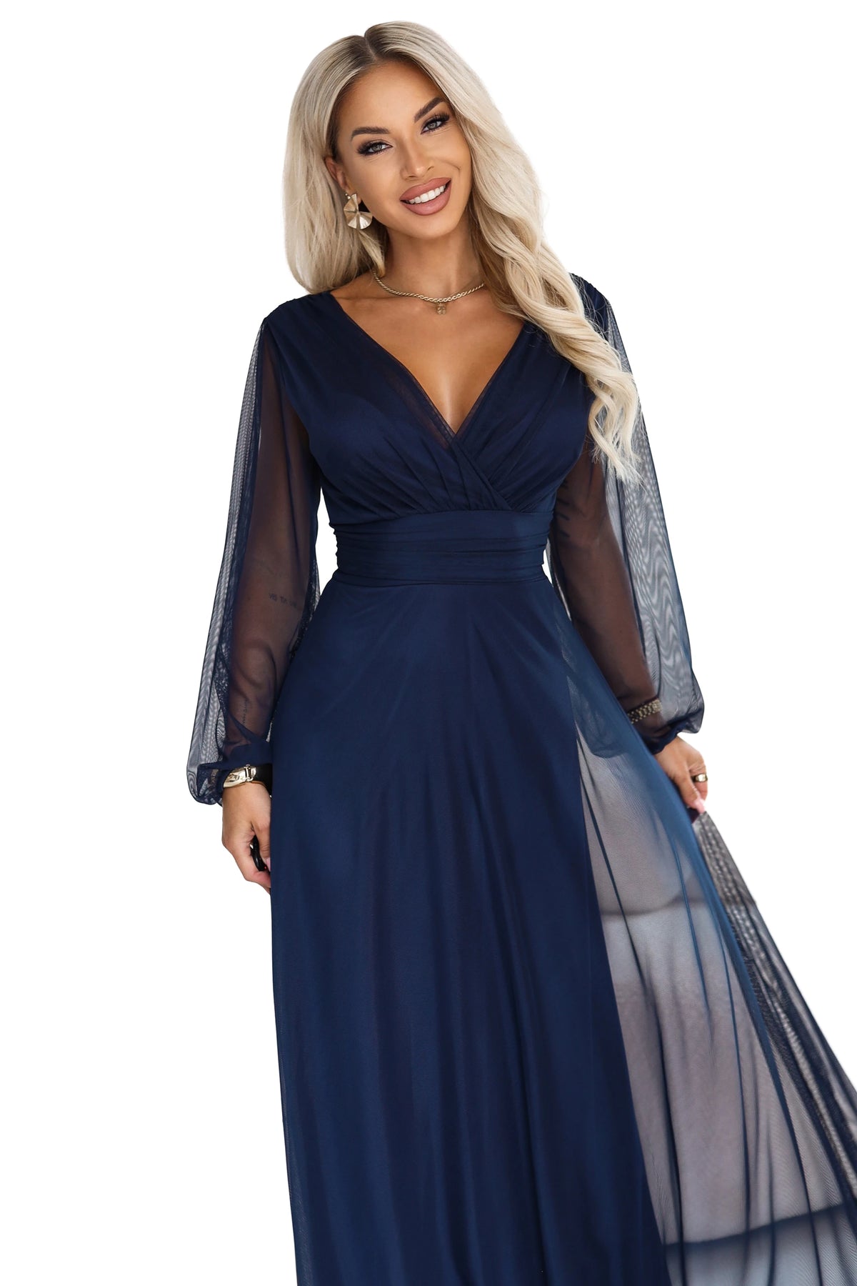 NERISSA Elegant tulle maxi dress with a wrap neckline – Navy Blue
