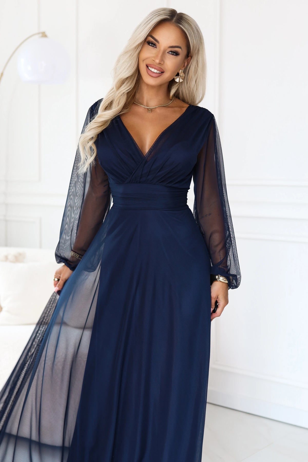 NERISSA Elegant tulle maxi dress with a wrap neckline – Navy Blue