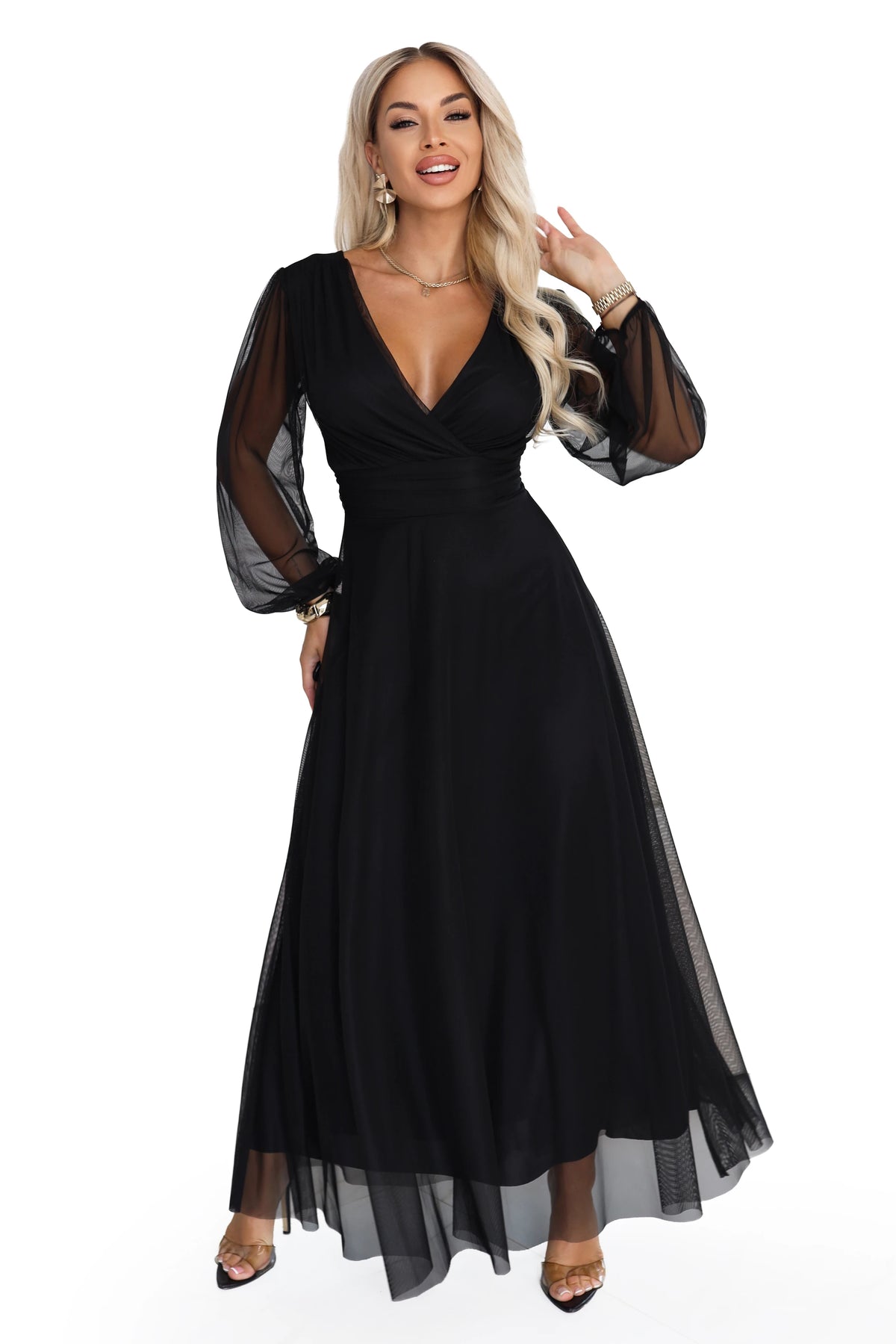 NERISSA Elegant tulle maxi dress with a wrap neckline – Black