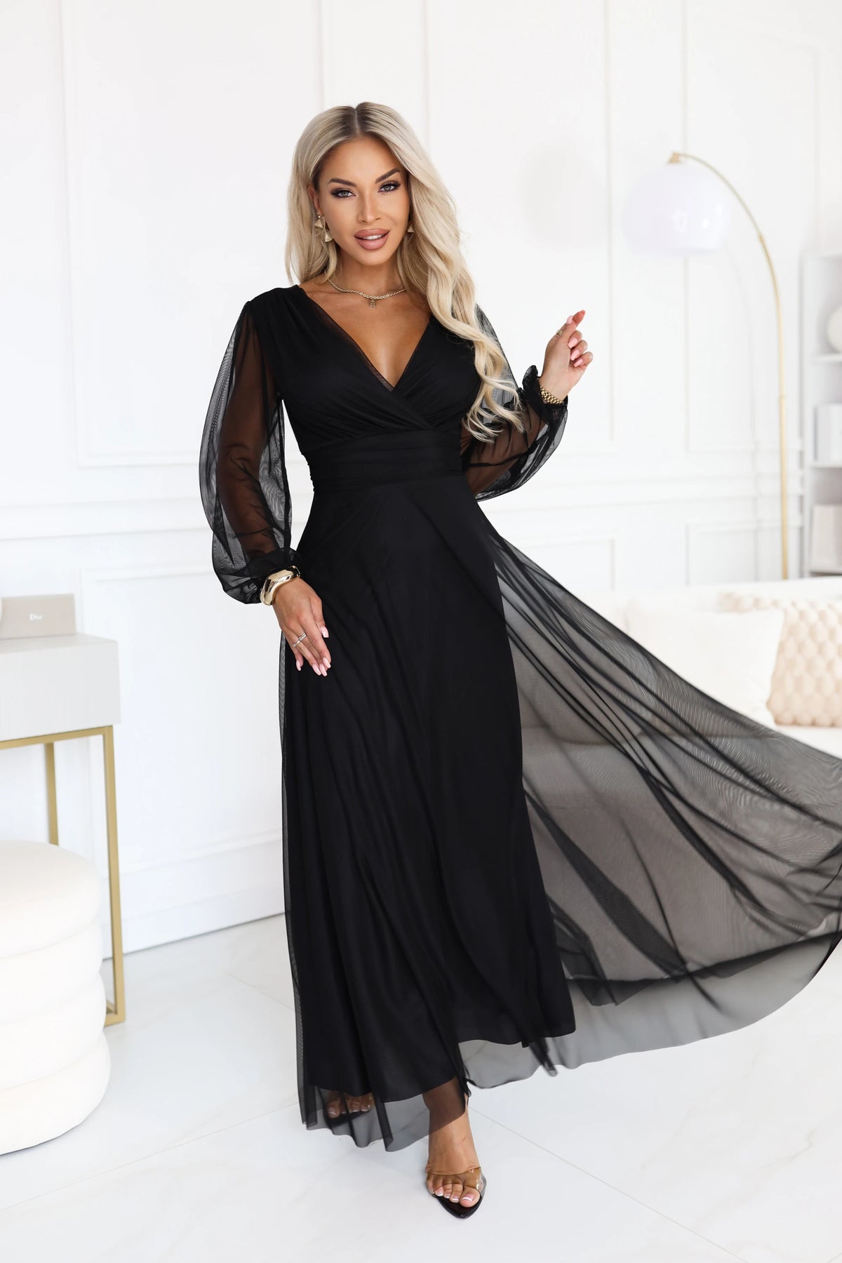 NERISSA Elegant tulle maxi dress with a wrap neckline – Black