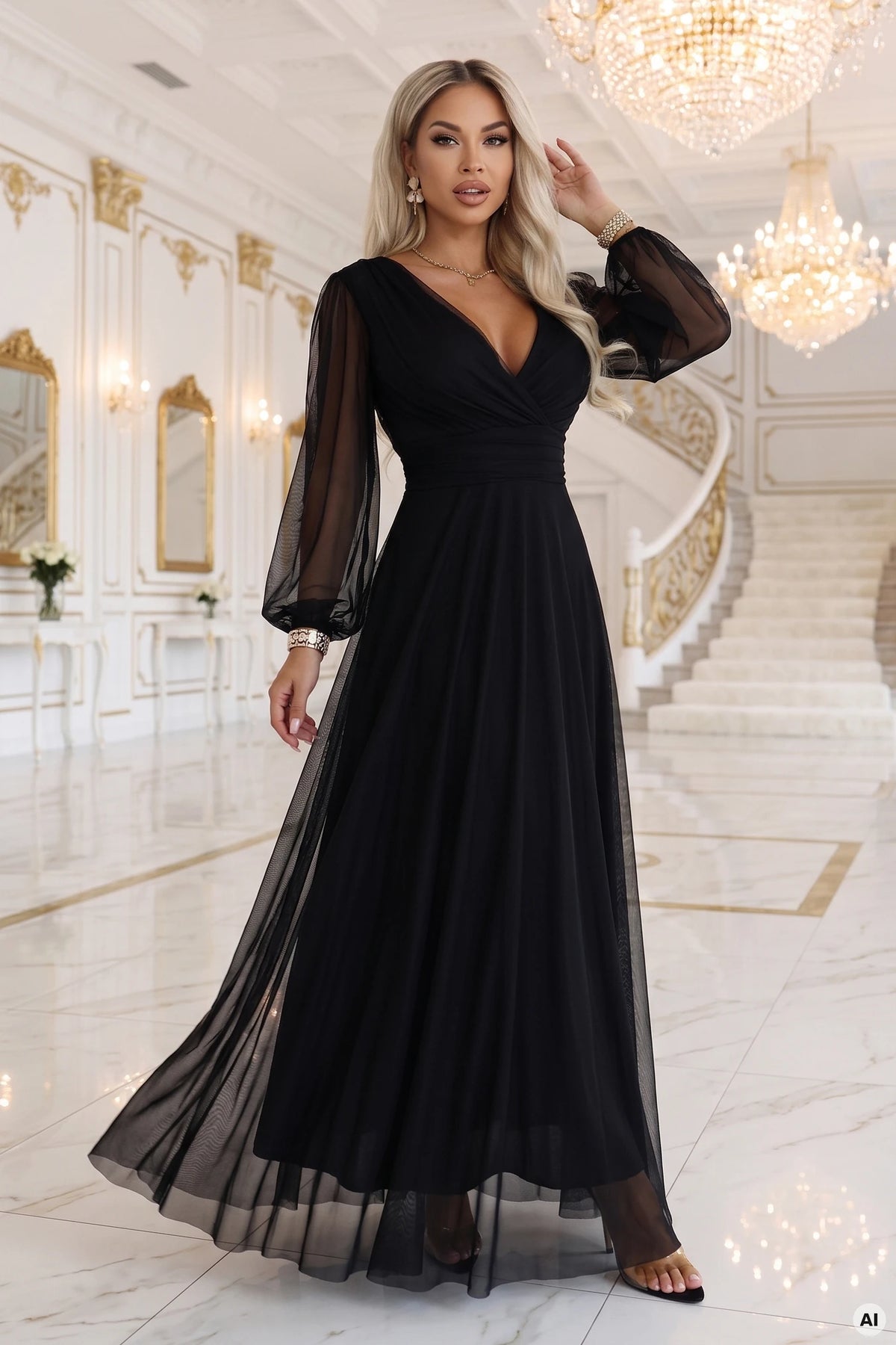 NERISSA Elegant tulle maxi dress with a wrap neckline – Black