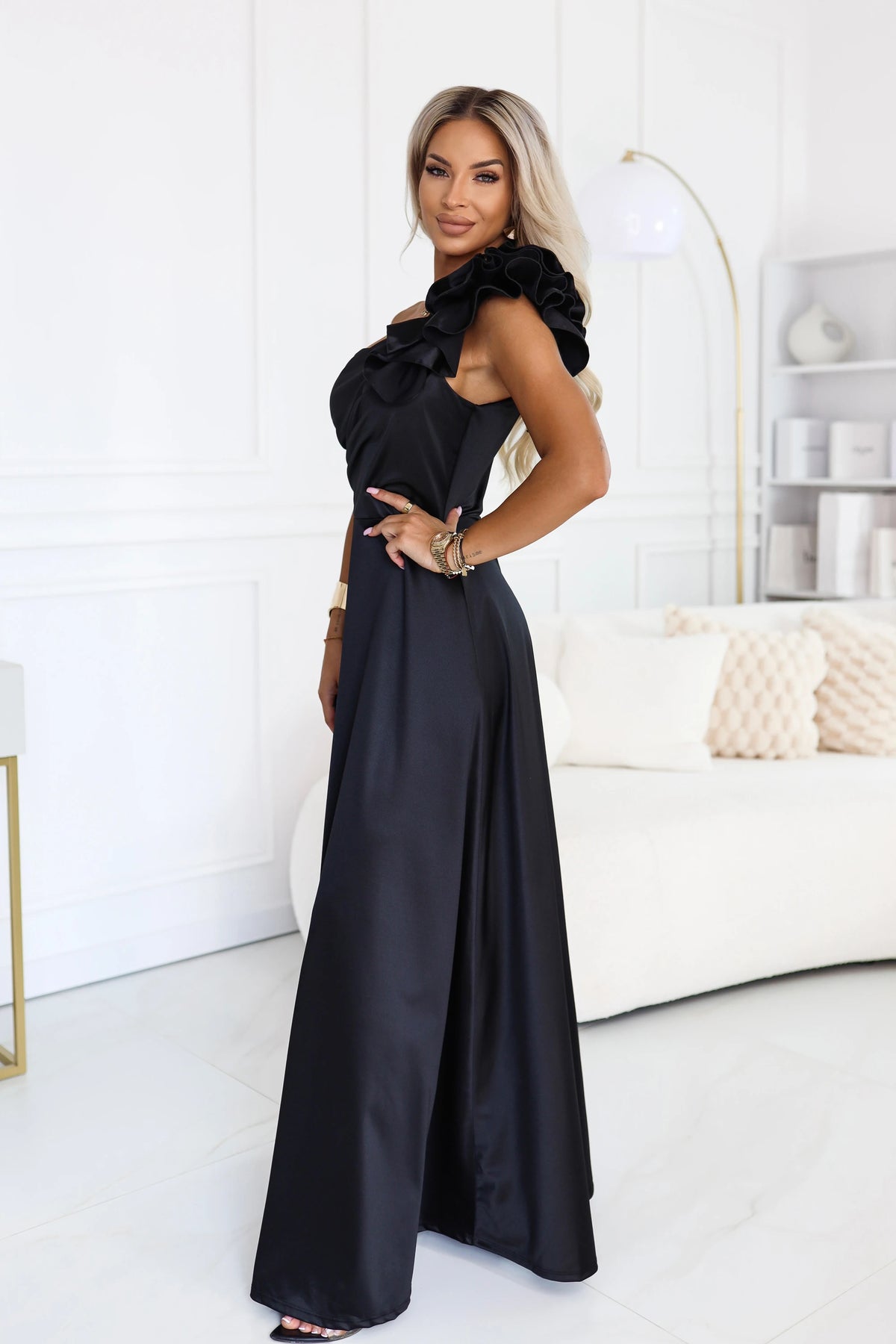 Satin one-shoulder maxi evening dress with a decorative ruffle – Black