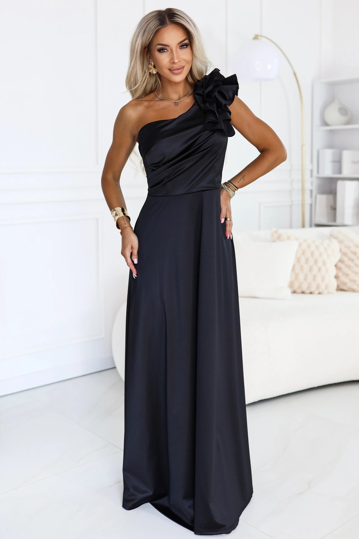 Satin one-shoulder maxi evening dress with a decorative ruffle – Black