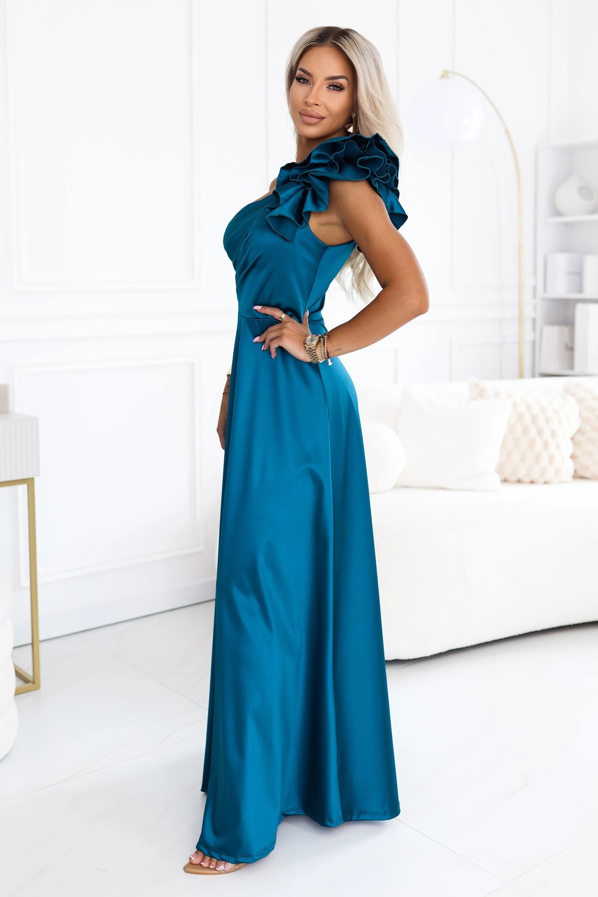 Satin one-shoulder maxi evening dress with a decorative ruffle – Sea Green